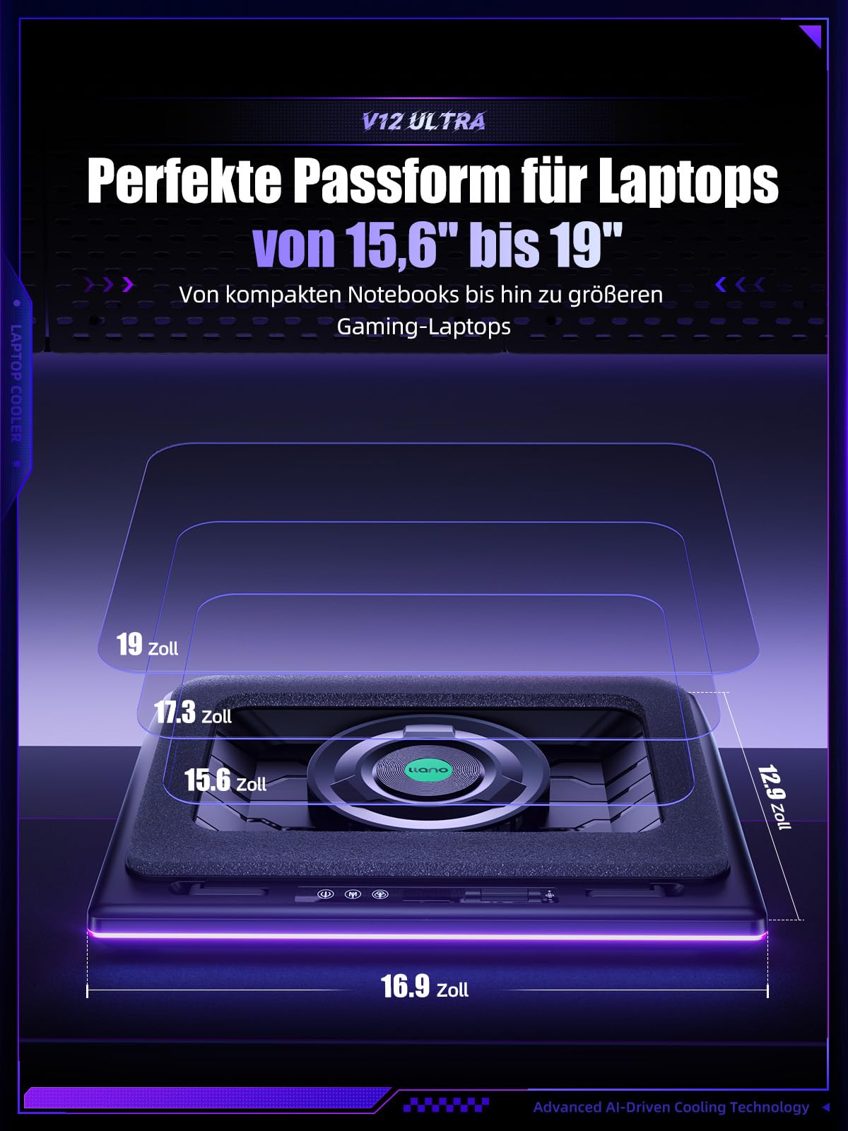 llano V12 Ultra Laptop Cooler Kühlpad mit intelligenter Softwaresteuerung, RGB Gaming Laptop Kühler intelligente Temperaturregelung 5,5 Zoll Turbo Lüfter, 3*USB 3,0 Anschlüsse für 15,6-19 Zoll Laptops