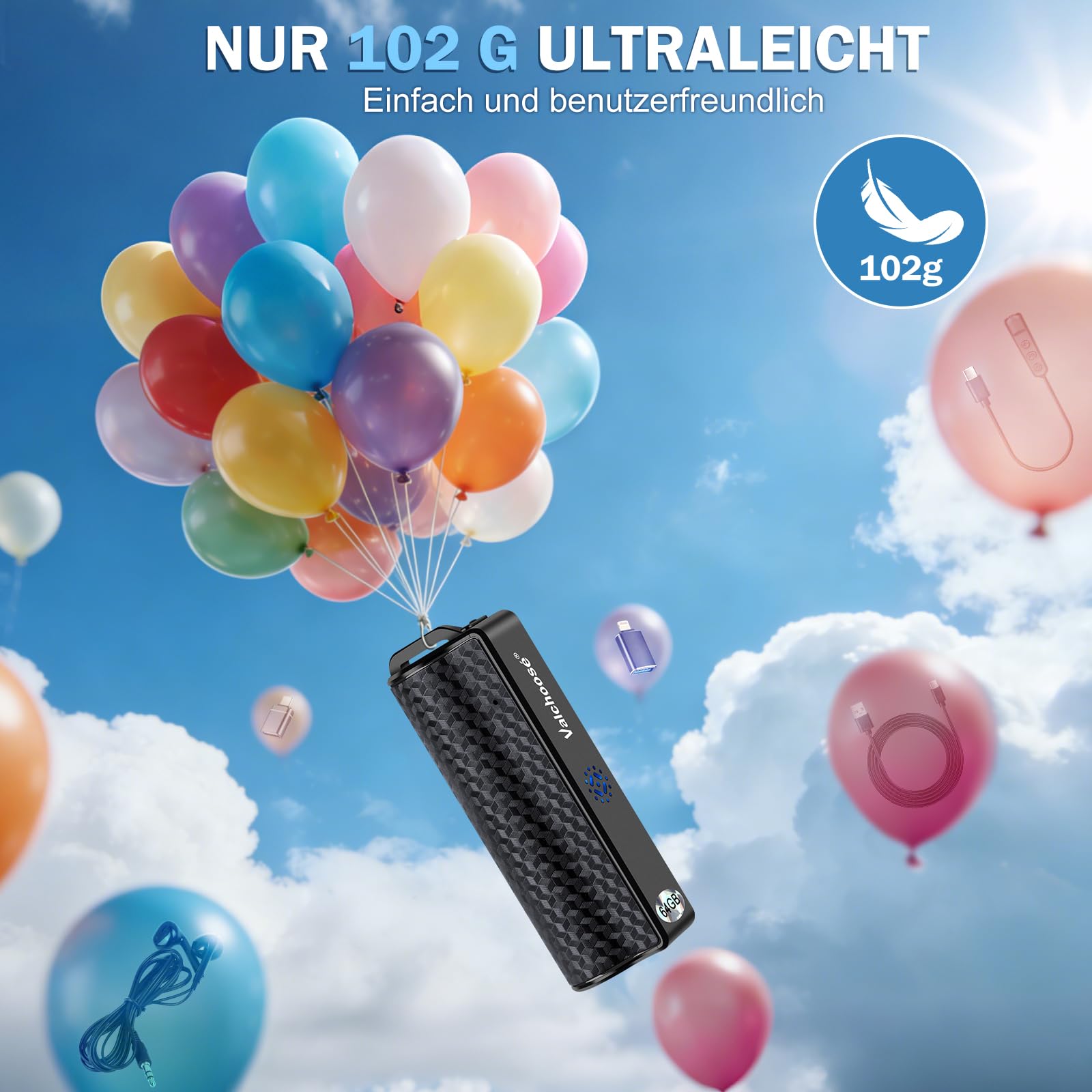 Valchoose 64 GB Digitales Diktiergerät & Aufnahmegerät mit Abhörgerät-Funktion, One-Touch-Aufnahme, Magnetfunktion für Meetings & Interviews