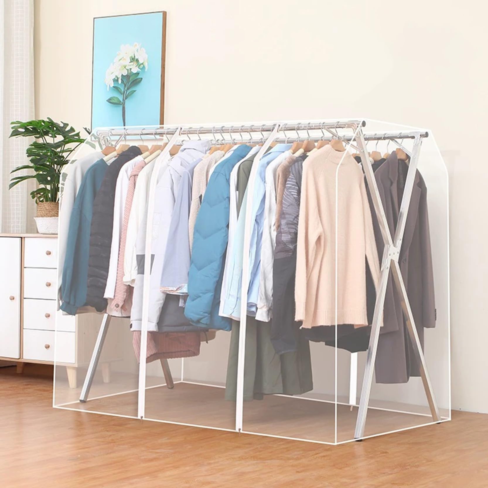 Große Kleiderständer Abdeckung mit 4 Reißverschlüssen, zusätzliche Breite 95 cm, Länge 140–180 cm, for X-förmige Kleiderstange, staubdicht, transparente PEVA(Clear,200x95x130cm)