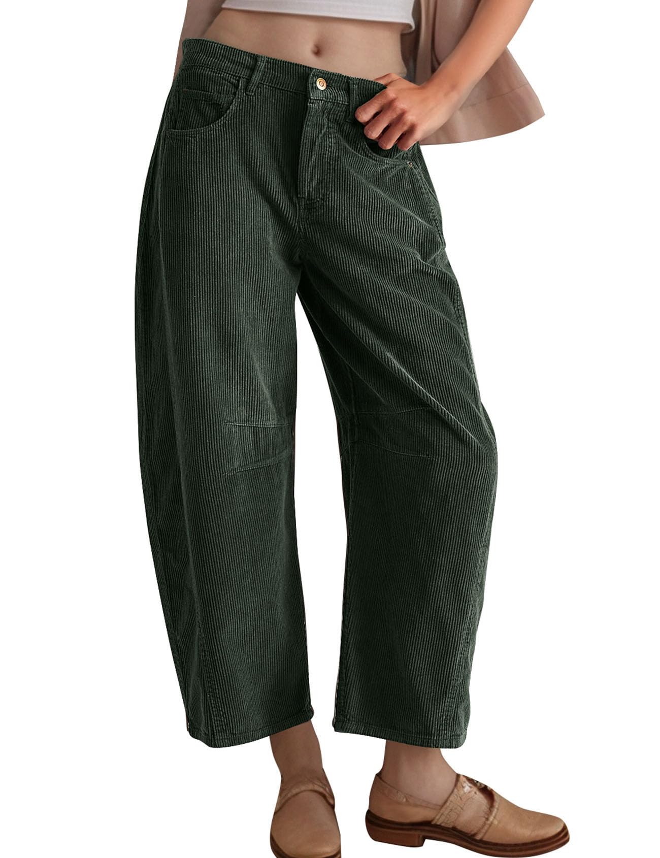 Flygo Womens Corduroy Pants Mid Rise Corduroy Barrel Pants Wide Leg Elastic Waist Cord Pants Casual Baggy Trousers