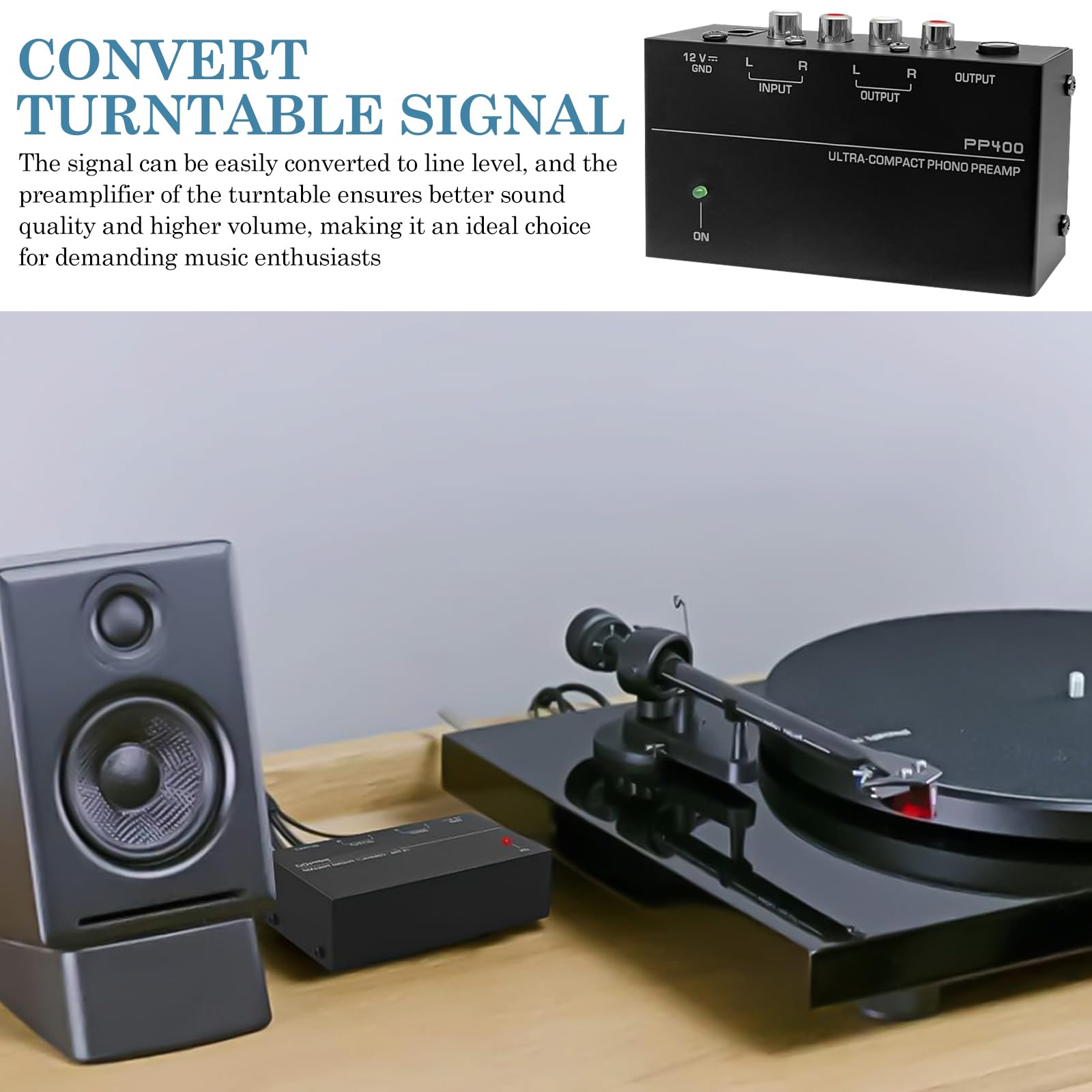 Preamplificatore Phono MM, Ingresso e Uscita RCA, Alimentazione DC 12V