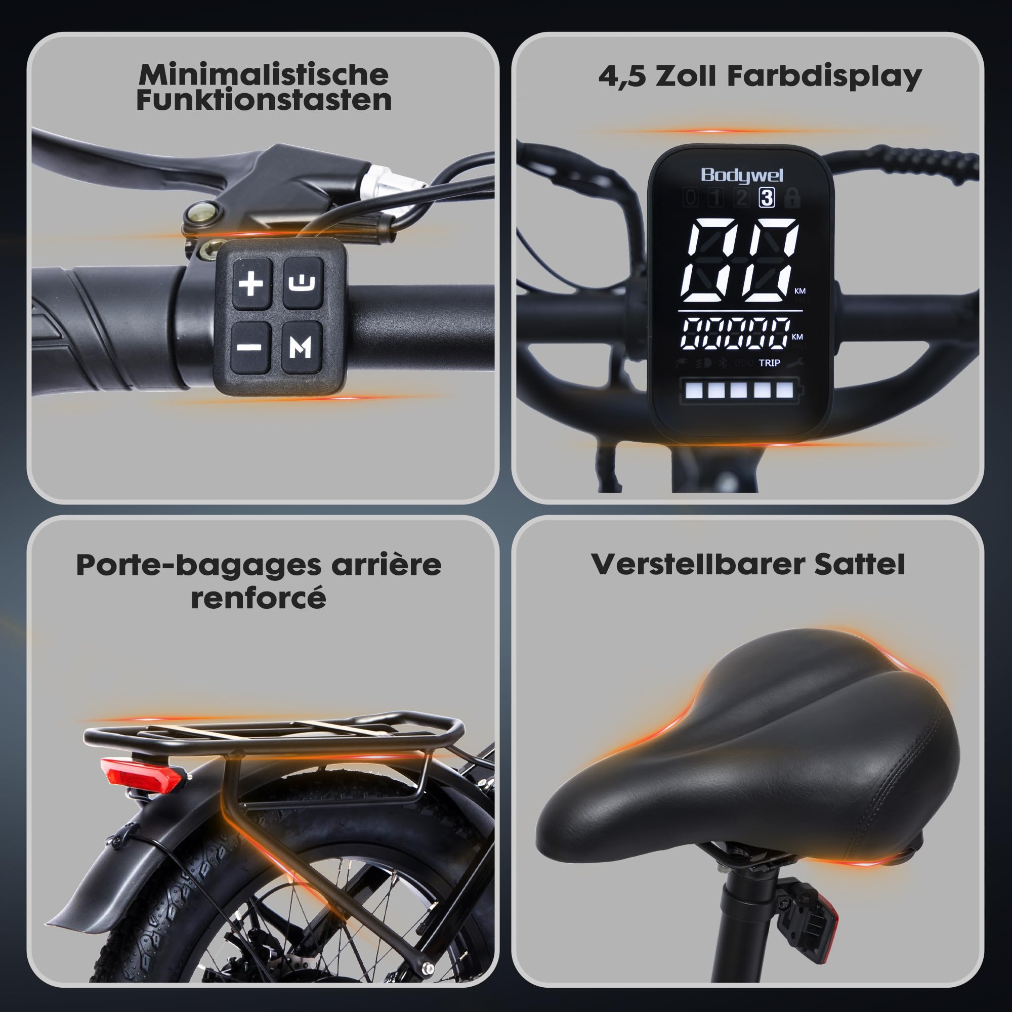 Bodywel F20 E Bike Herren Damen, 20x3.0“ E Fatbike Tiefeinsteiger Elektrofahrrad City Mountain,70-80km Reichweite, 48V 15Ah Akuu, 250W Heckmotor, 4,5“ LED Display, 7-Gang-Getriebe, Federgabel
