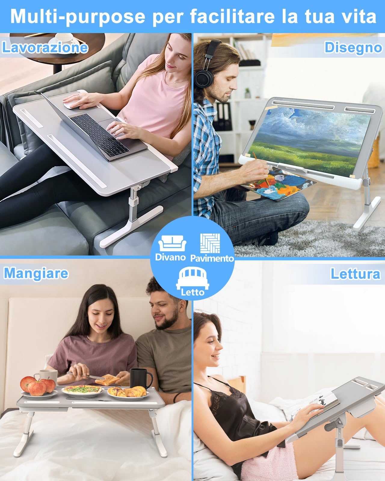 Potuopy Tavolino da Letto, Tavolino Porta PC Angolare Regolabile in Altezza in Pelle, Vassoio da Letto Pieghevole X-Large per Lavorare, Leggere e sul Pavimento del Divano Letto (Grigio, 60 * 40cm)