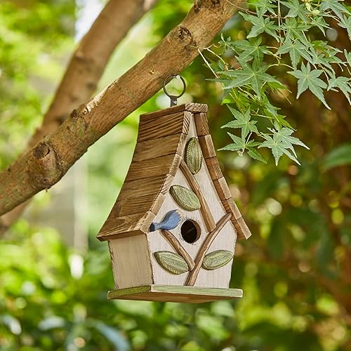 Miniatura 131 de Glitzhome Casas para pájaros para exteriores, casa de pájaros de madera maciza envejecida de gran tamaño de 15 pulgadas de largo con flores 3D