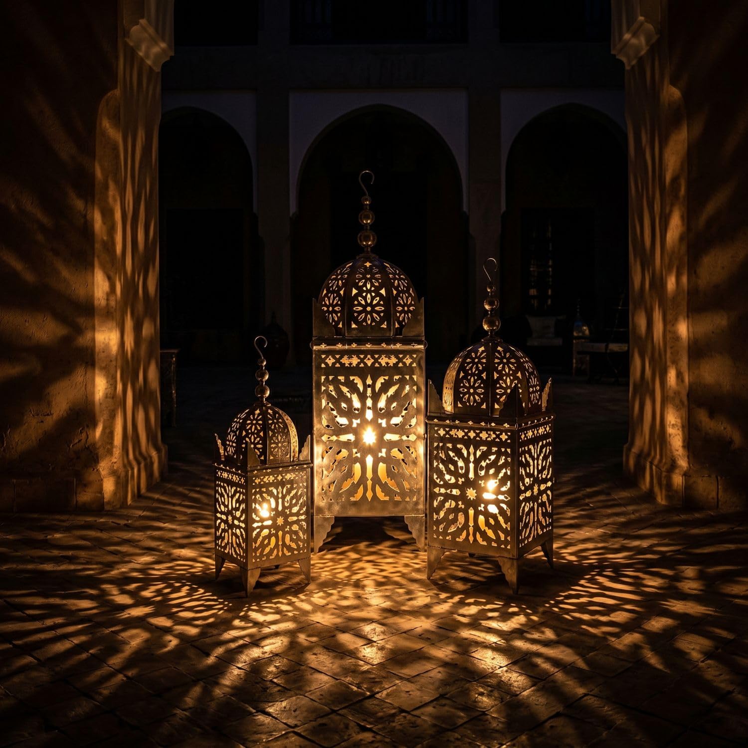 Marokańska latarnia Frane, srebrna, 100 cm, ręcznie wykonana latarnia orientalna z metalu, latarnia ogrodowa i lampion do świec, dekoracja do salonu, na taras, balkon i wejście