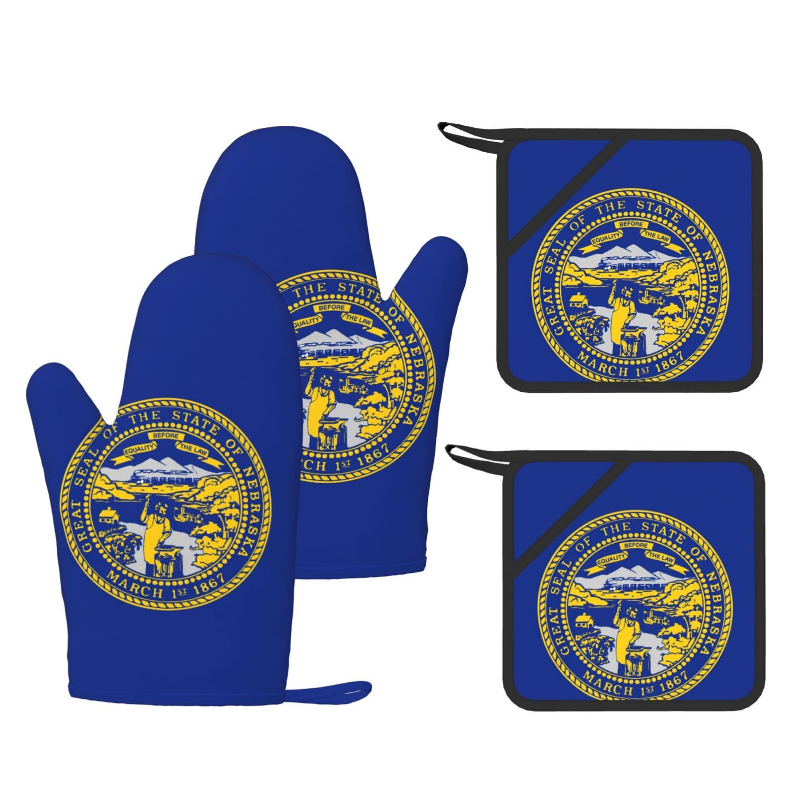Nebraska Flag Printed Kitchen Oven Gloves and Potholder 4 Pcs, Non-Slip Heat Resistant Mitts for Baking Chef