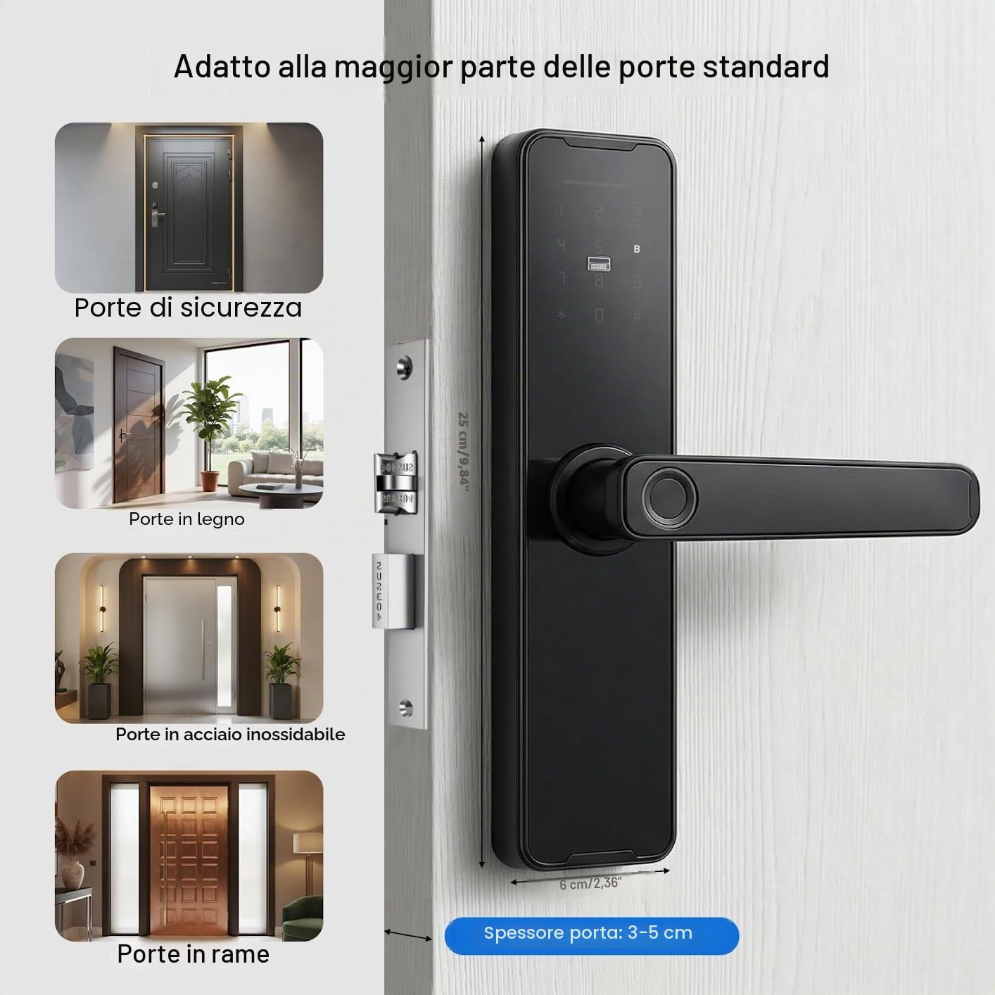 Serratura per porta intelligente 5 in 1 - Serratura elettronica intelligente con impronta digitale + codice + carta + chiave + password temporanea - Controllo tramite app Tuya - Per porte da 30 a 50