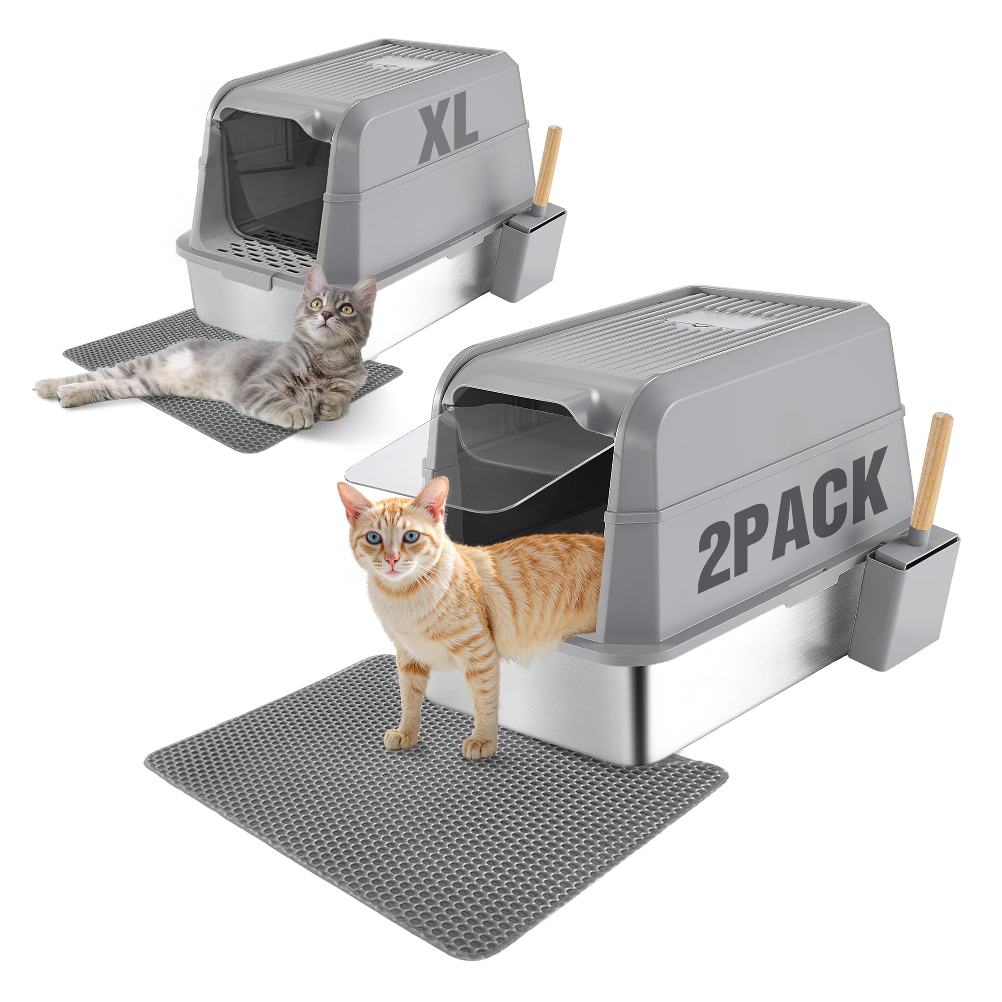 2 Pack TIPOOP XL Stainless Steel Enclosed High Sided Cat Litter Box with Lid, 24'' L &times; 16'' W &times; 17'' H - Odor Control & Easy Cleaning,Non-Sticky, Include Litter Scoop,Grey