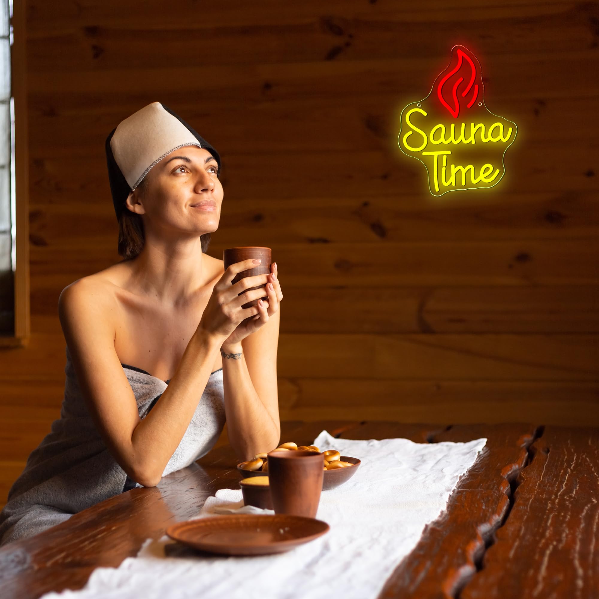 Insegna al neon con tempo sauna, luce al neon a LED per spa e benessere, dimmerabile, alimentata tramite USB, per palestra, benessere, sala relax, insegna per la cura di sé (32 x 26 cm)
