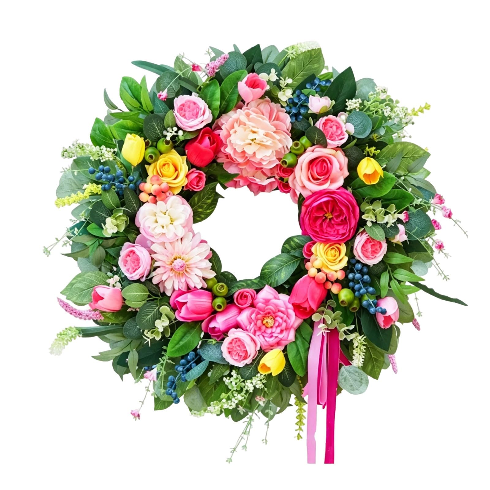45cm Artificial Spring Wreath Pink Rose Tulip Floral Wreath with Berries, All Season Summer Wreath for Front Door Home Decor (45CM)