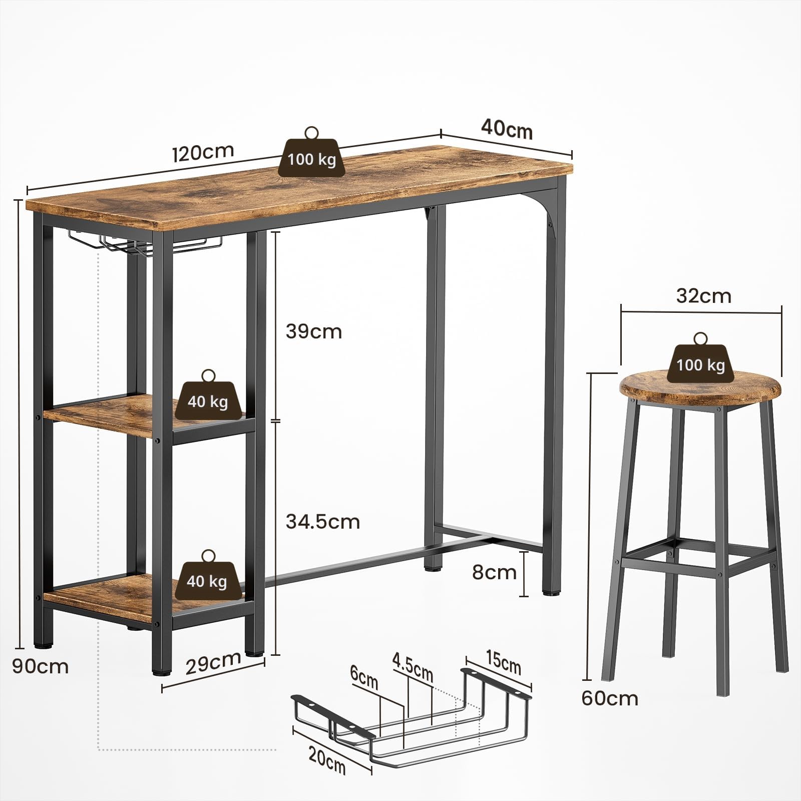 Bealife Ensemble Table de Bar avec 2 Tabourets – Table Haute Cuisine Multifonction avec 2 Étagères et Porte-Bouteilles, Table à Manger Debout Gain de Place pour Cuisine, Salon, Bar (Rétro)