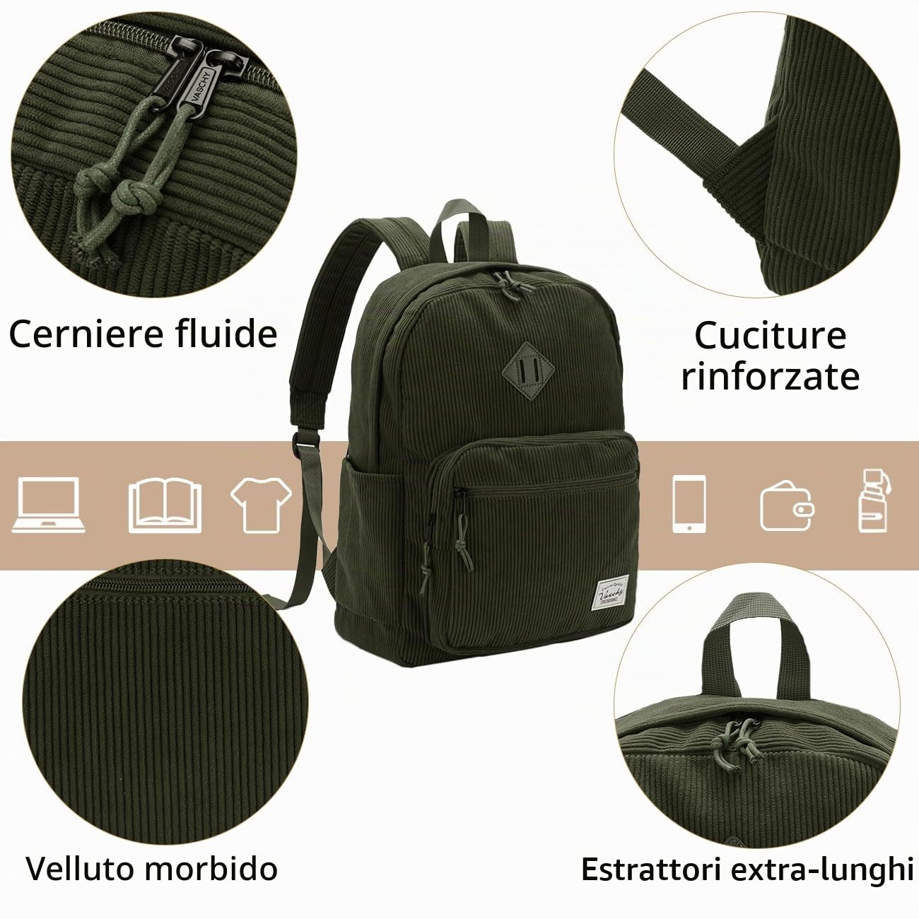 VASCHY Zaino Unisex in Velluto a Coste, Leggero Zaino Scuola Media e Superiore con Tasche Multiple e Scomparto Imbottito per Laptop 15,6 pollici Verde Scuro