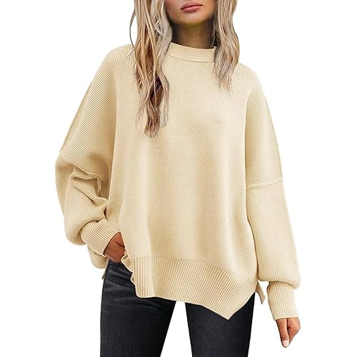 LILLUSORY Women's Crewneck Batwing Long Sleeve Sweaters 2023 Fall Oversized Ribbed Knit Side Slit Pullover Tops