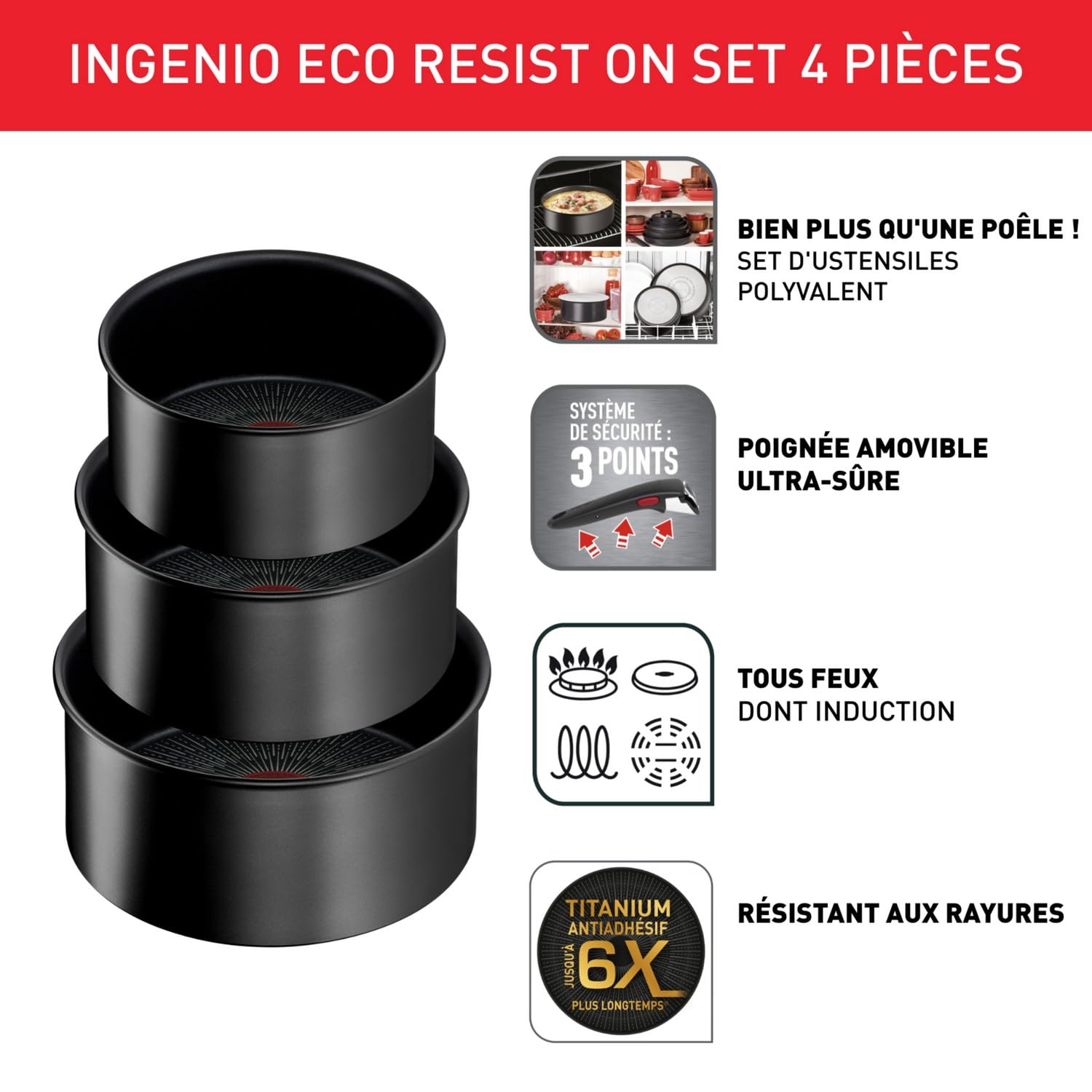 Tefal Ingenio Lot de 3 casseroles + poignée amovible, Induction, Revêtement antiadhésif, Empilable, Compatible lave-vaisselle, Fabriqué en France, Eco Resist On L7679202