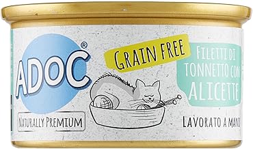 Adoc - Wet Food for Adult Cats with Natural Ingredients - Tender Trancetti of Natural Tuna with Alicette NO GRAIN - 24 cans of 85 g