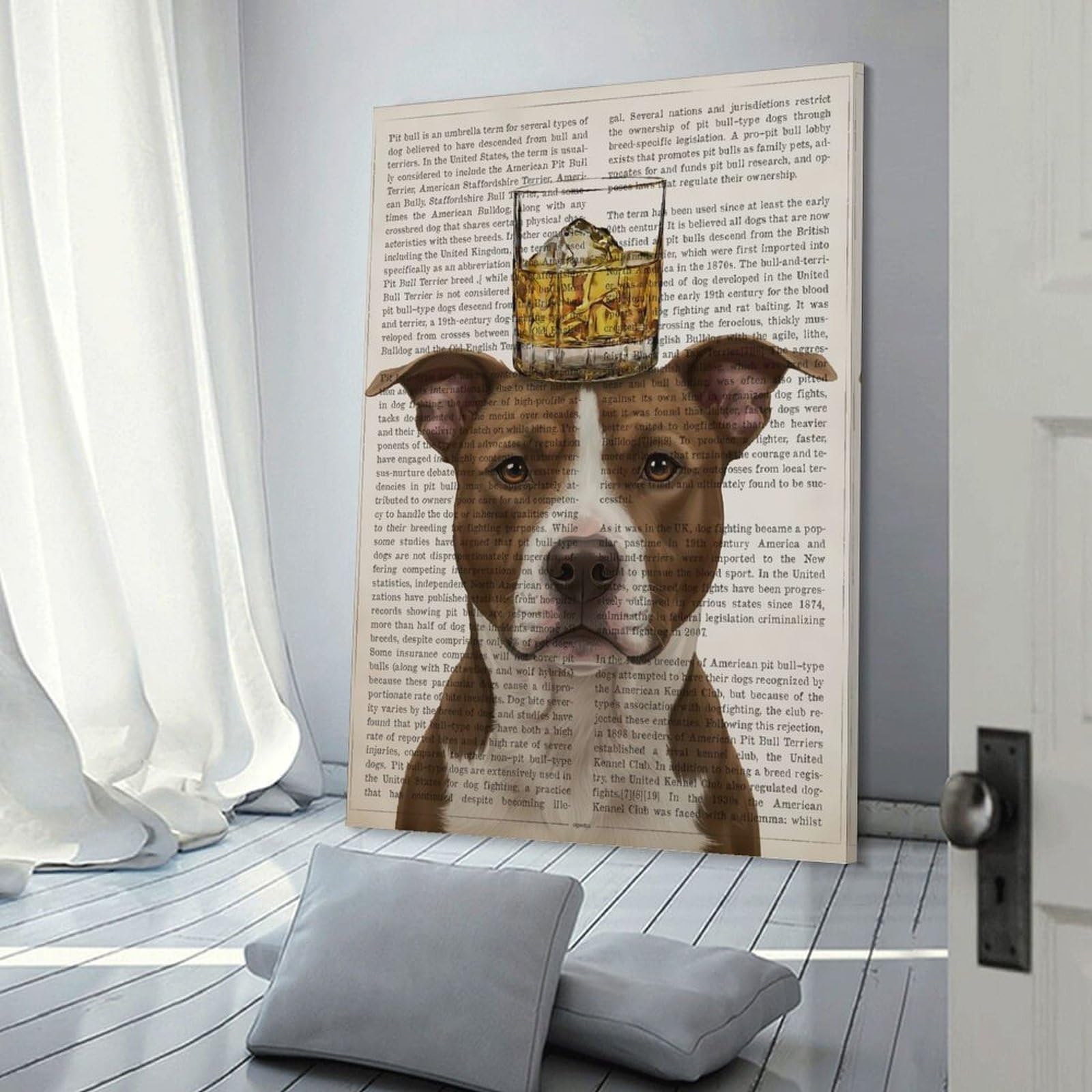 Junmoney Pitbull with Whiskey Glass on Head Decorative Wall Artwork, 20x30inch(50x75cm), for New Homes, Bedrooms Or Workspaces, Gift Idea for Housewarming And Birthdays