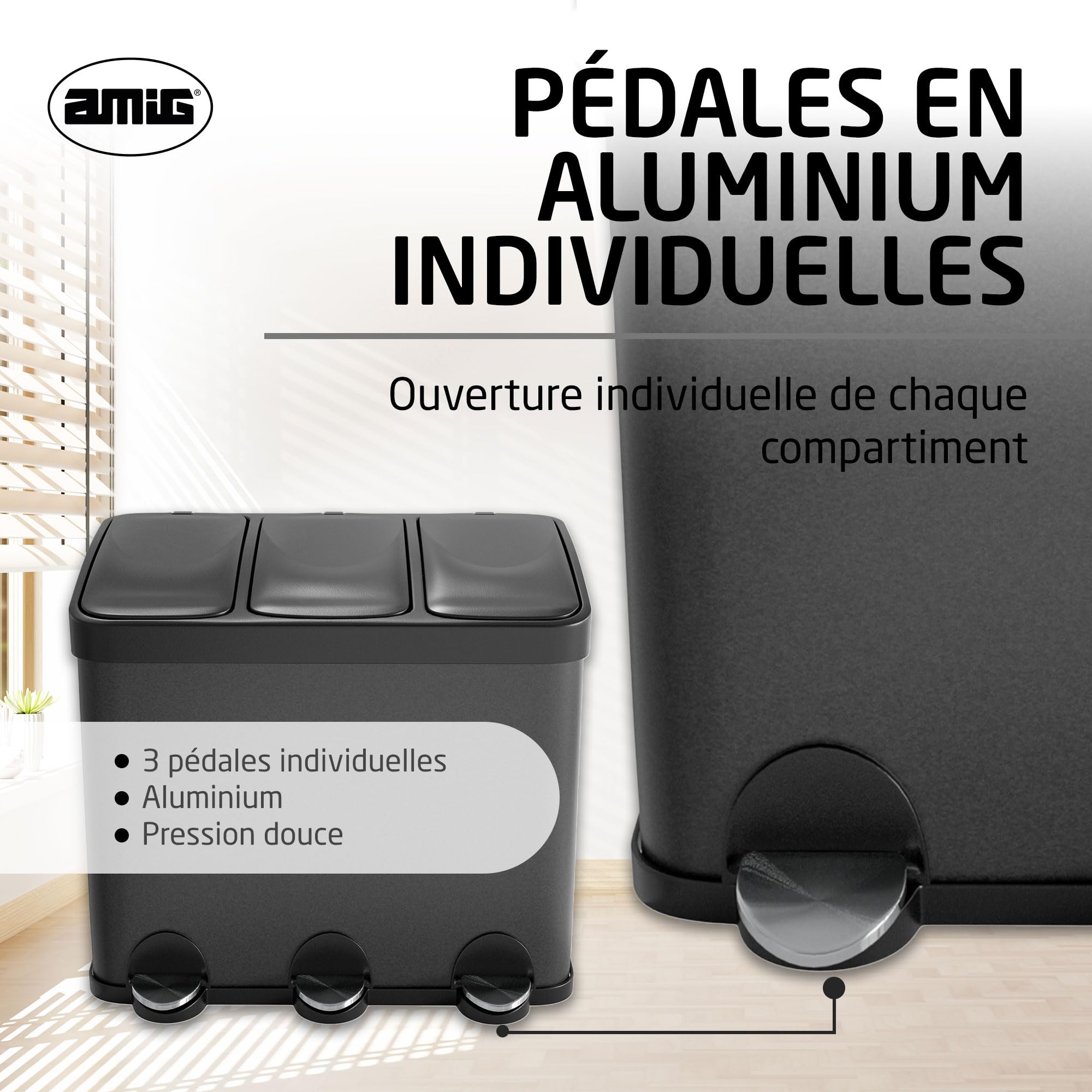 Amig - Poubelle Triple avec Pédales 45 litres - 3 Compartiments Amovibles de 15 litres - Poubelle de Recyclage pour la Cuisine - Acier - 60 x 37 x 49 cm - Noir Mat