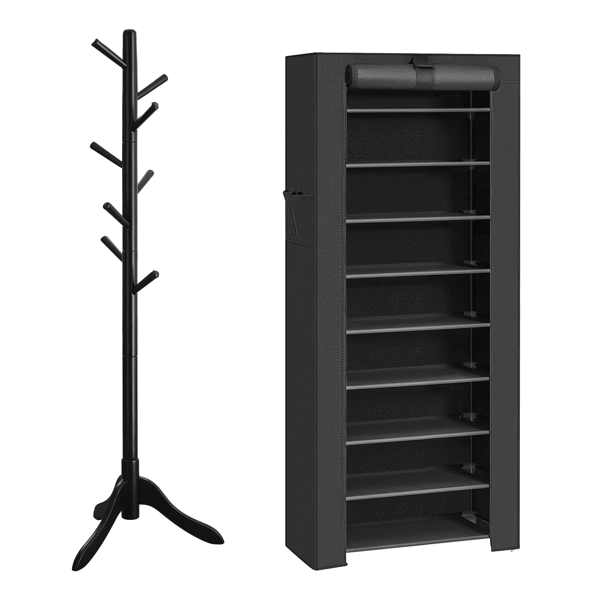 SONGMICS Shoe Rack Bundle with Coat Rack, Coat Tree with 8 Hooks, 3 Height Options, Shoe Storage Shelf for 27-35 Pairs of Shoes, Ink Black URXJ10H and URCR001B01