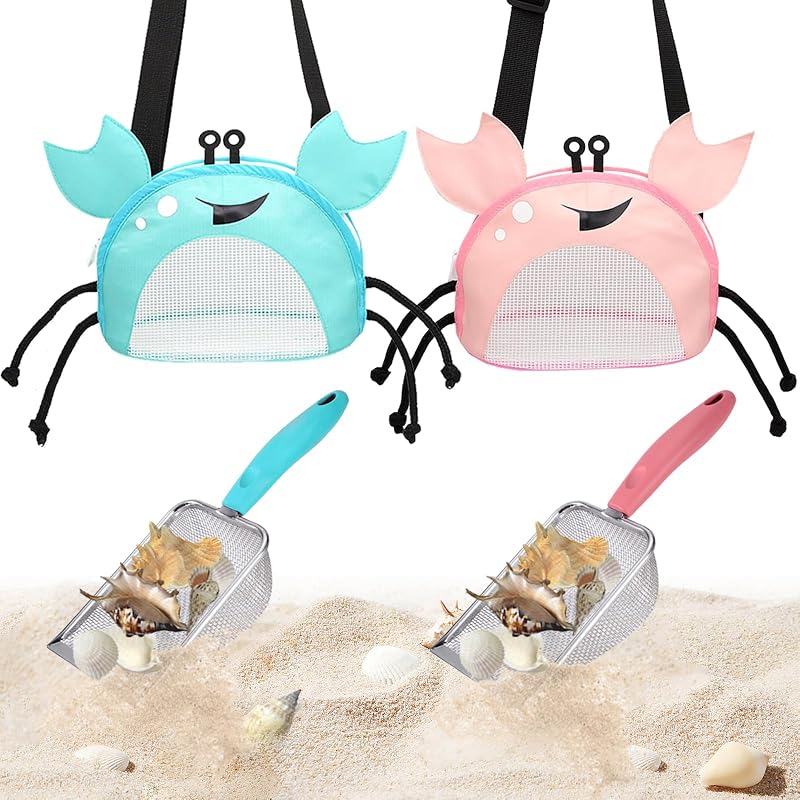 4PCS Beach Toy Mesh Shovel and Mesh Beach Bag Seashell Bag,for Sand Filter & Collect Shells,Sand Sifter Shell Collecting Tools(Blue-Pink Crab)
