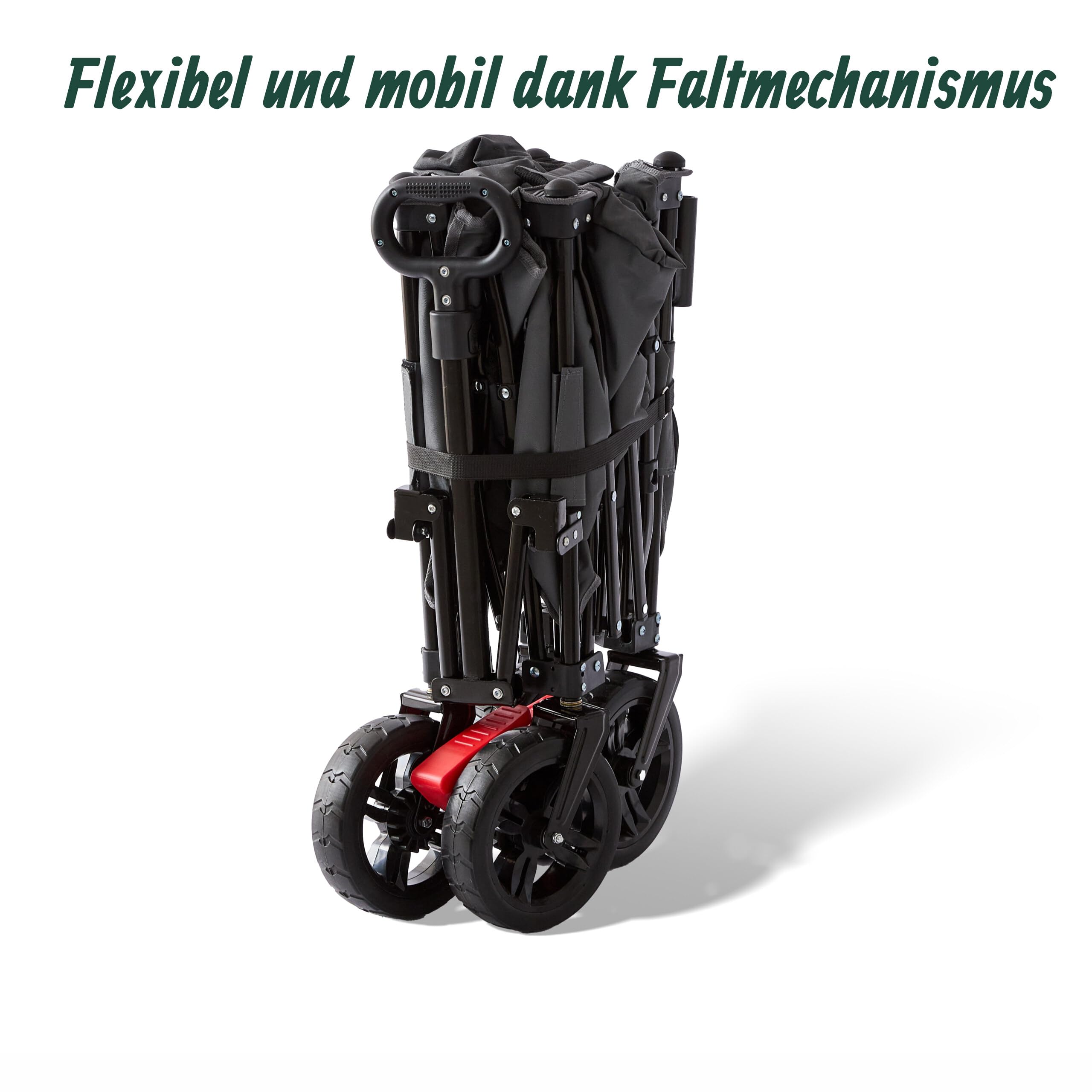 Relaxdays Bollerwagen, faltbar, 150 kg, Dach, Teleskop- & Schiebegriff, Gummireifen mit Bremse, Transportwagen, grau
