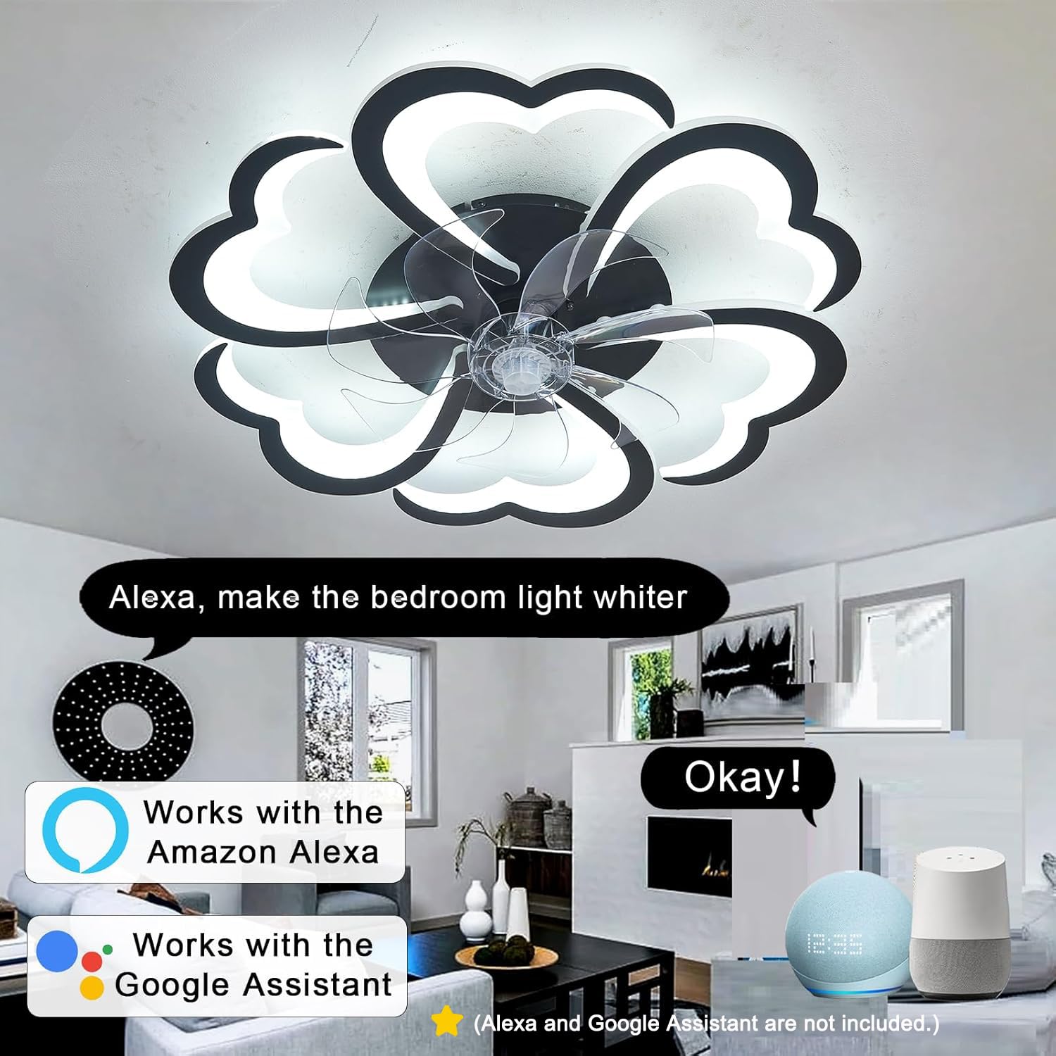 Deckenlampe Mit Ventilator Leise Alexa-kompatibel,Intelligente Deckenleuchte Mit Ventilator,Reversibel,6-Gang,Dimmbar,Schwarz,APP +Sprachassistent