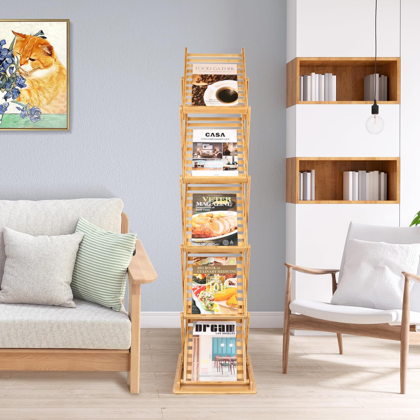 Bambus-prospekthalter A4 Prospektständer, Faltbare Displays Literaturständer mit 5 Taschen Bodenstehend, für Gemeinsamer Empfangsbereich und Messen