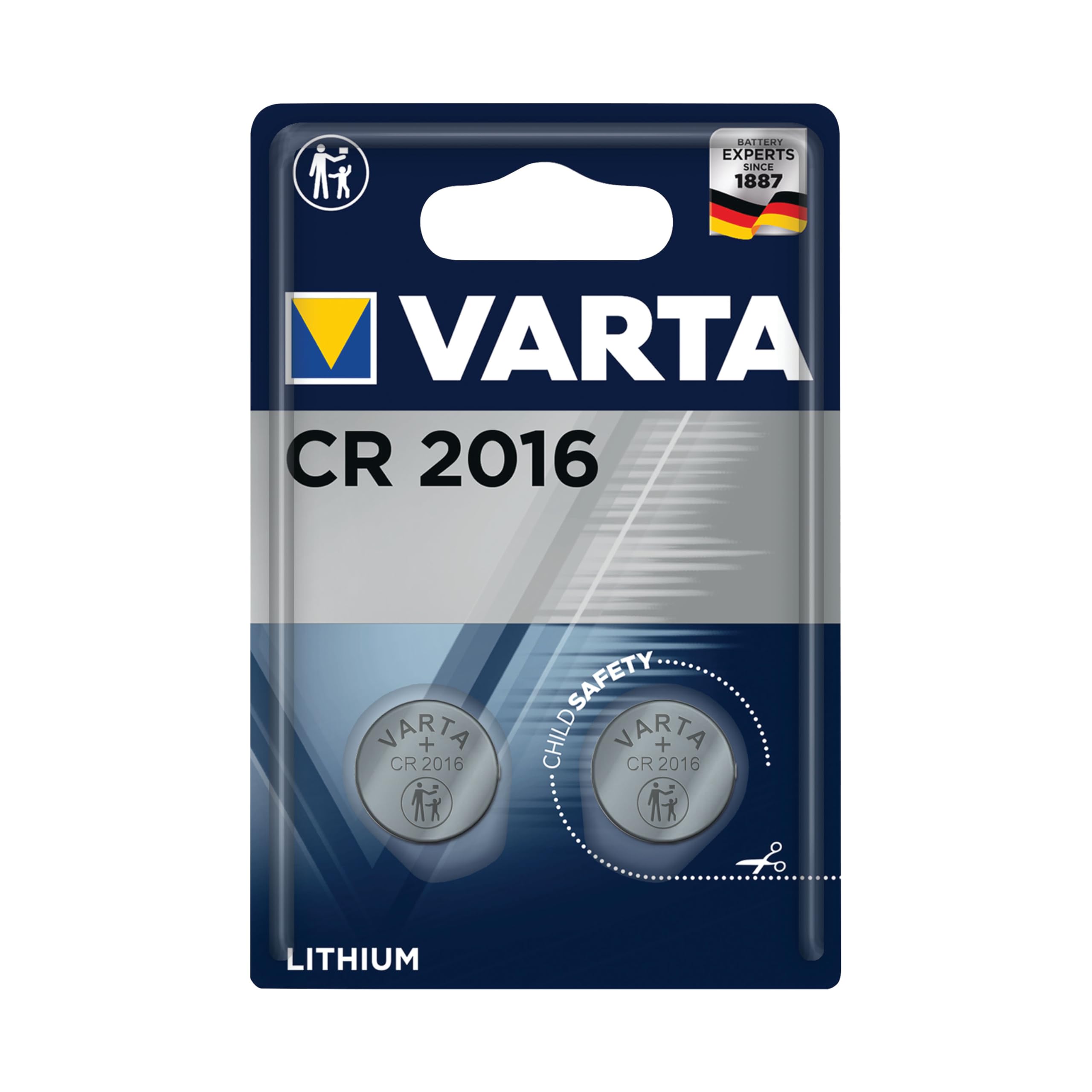 VARTA Piles Bouton CR2016, lot de 2, Lithium Coin, 3V, emballage sécurisé pour les enfants, pour petits appareils électroniques - clés de voiture, télécommandes, balances          [Classe énergétique B]