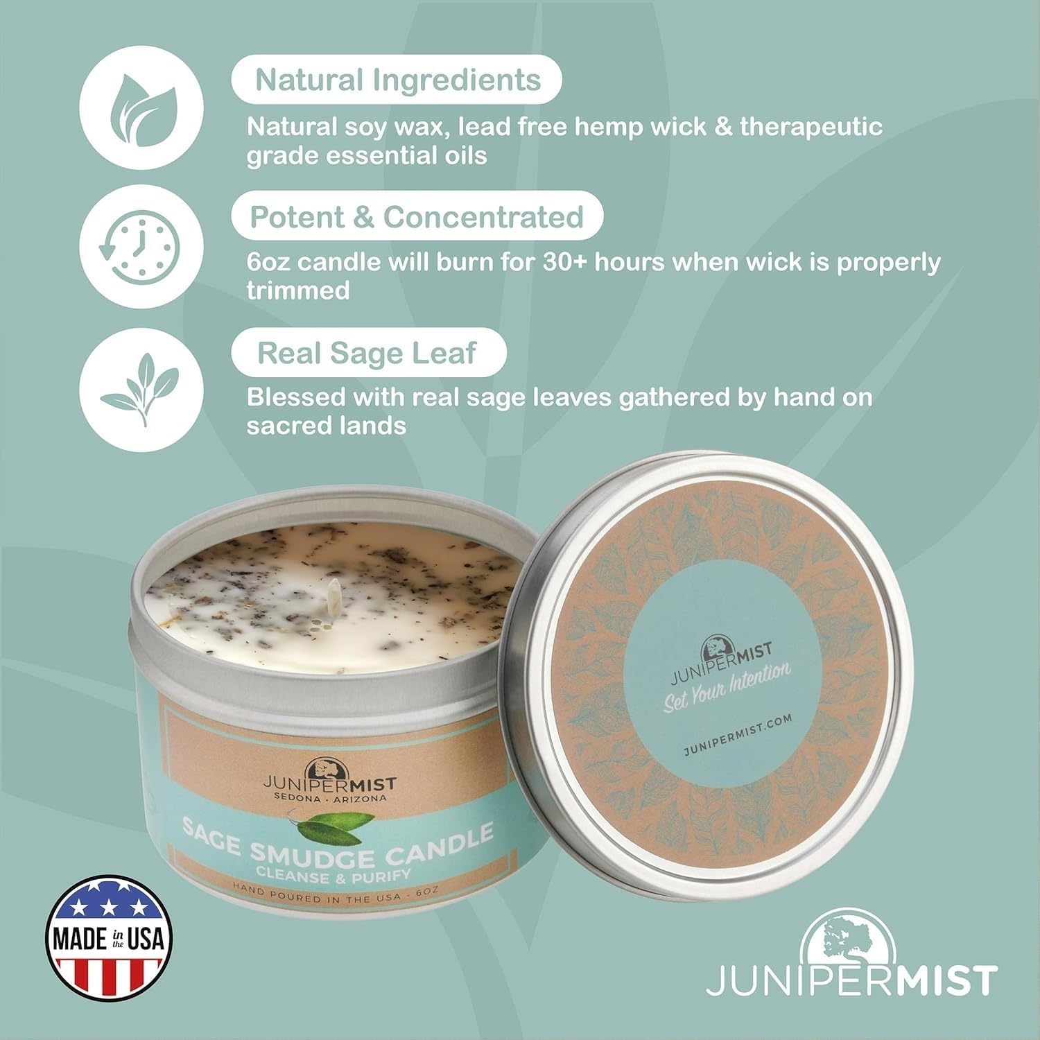 Sage Smudge Candle with White Sage Leaf (6oz) Manifest & Cleanse - Pure Sage Energy Cleansing Candle for Meditation – Spiritual for Protection & Intention – Soy Wax - Made in USA - Image 4