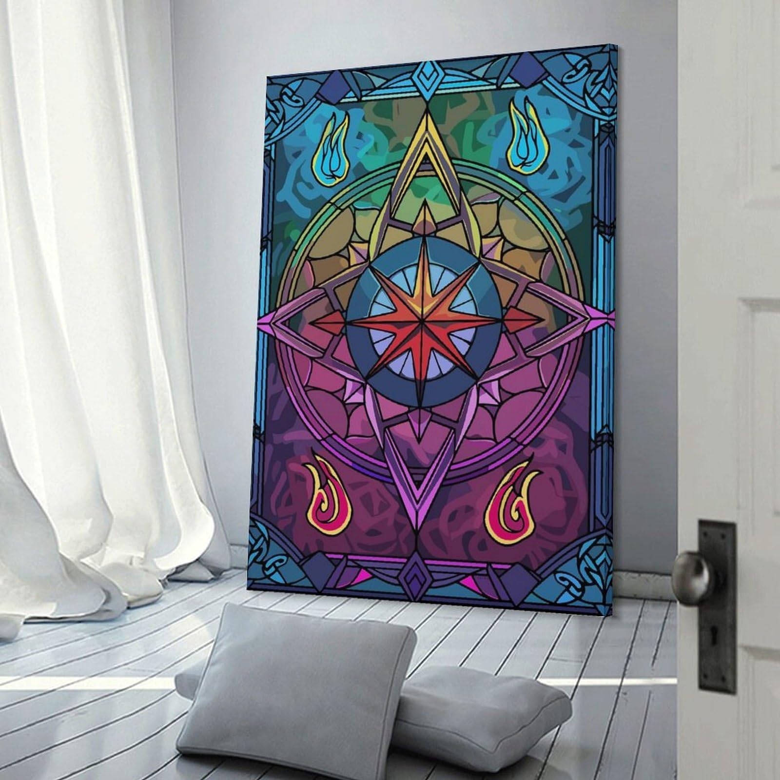 Junmoney Wall Art Print Stained Glass Compass Rose with Flames, 20x30inch(50x75cm), for Living Room, Bedroom Or Apartment Walls, Modern Wall Decor for Cosy Interiors