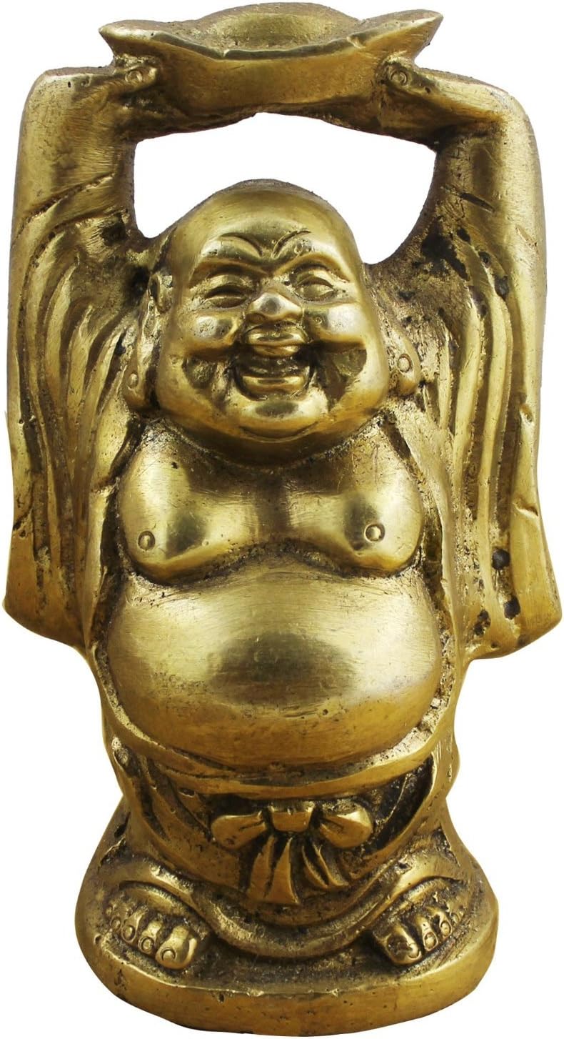 One Art Aone India Brass Lucky Laughing Buddha Statue Standing Prosperity Figurine, 3.7" x 2.3" x 1.8" (Gold and Brown)