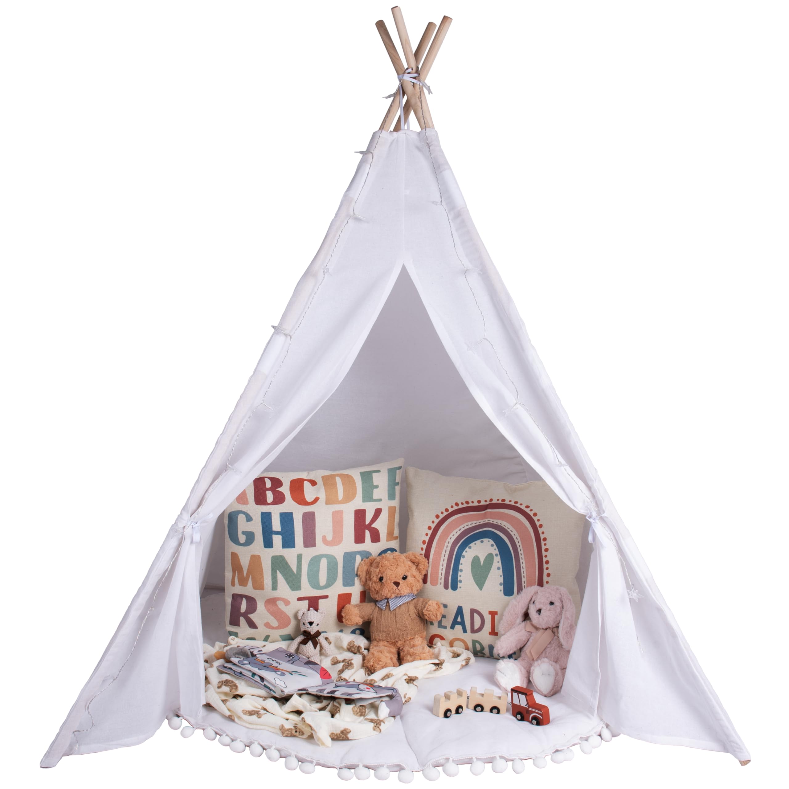Relsy Kids Ivory White Teepee Tent For Kids | White Tipi Play/Pop Up Tent For Girls & Boys 140 x 120cm Cotton Canvas, With 3 Meters Star Lights & Circular Mat/Rug Accessories