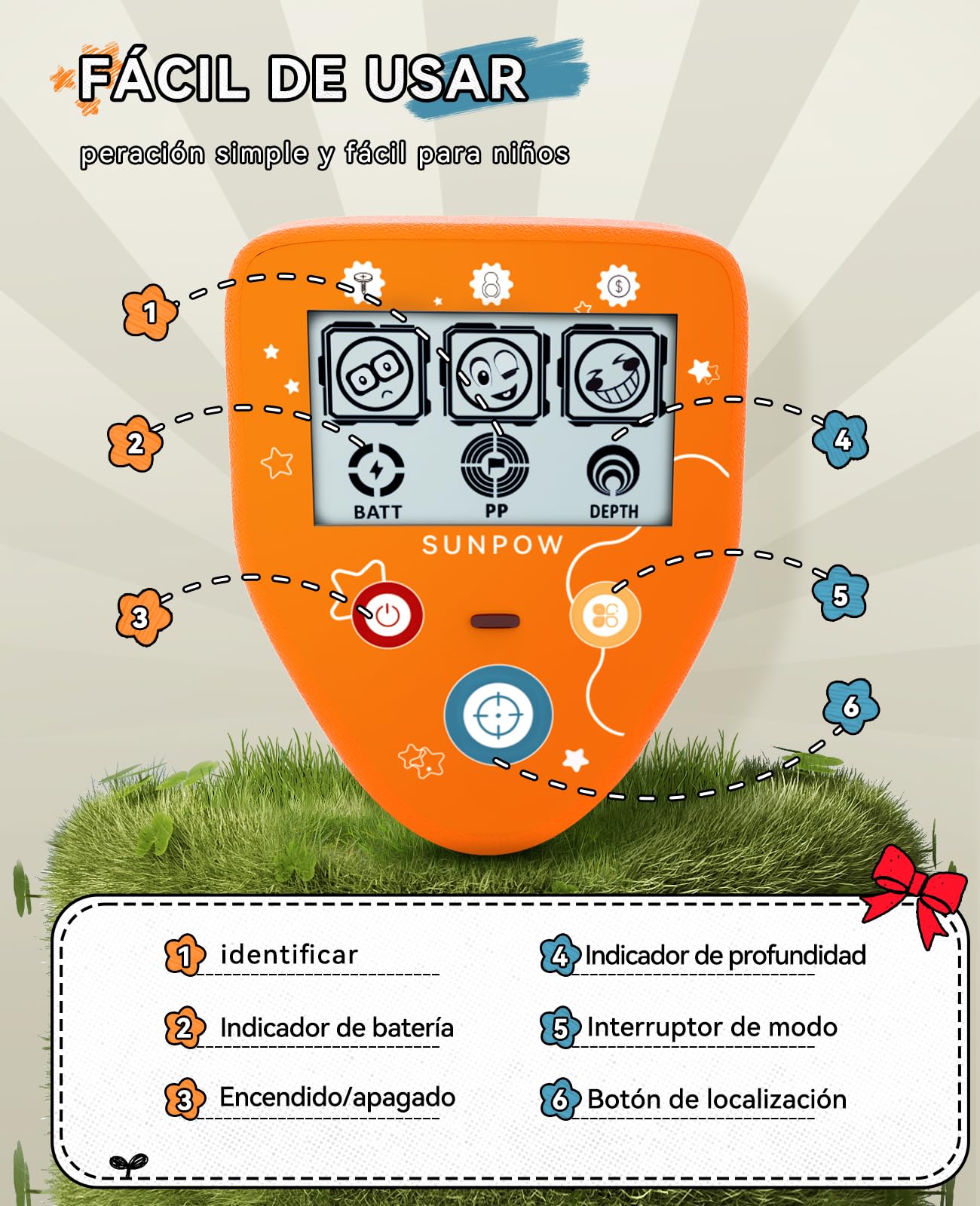 SUNPOW Detector de Metales para Niños, Bobina Impermeable IP68 | Chip de Actualización, 3 Modos, Vástago Ajustable de 81-101cm, Regalo para Niños de 8-12 Años