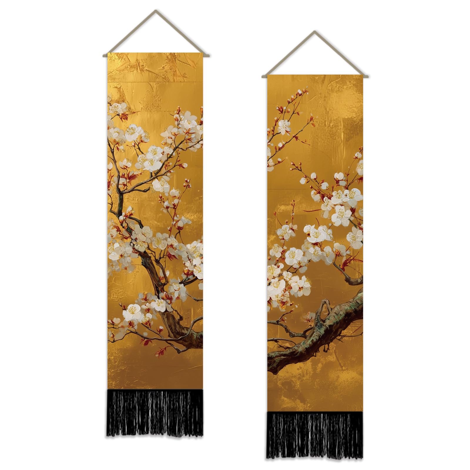 SUPERDANT 2Pcs Oriental Plum Vertical Tapestry Gold Foil Wall Hanging 51x13Inch/130x33cm Fabric Horizontal Polyester Narrow Wall Art For Bedroom Entryway Office Colorful