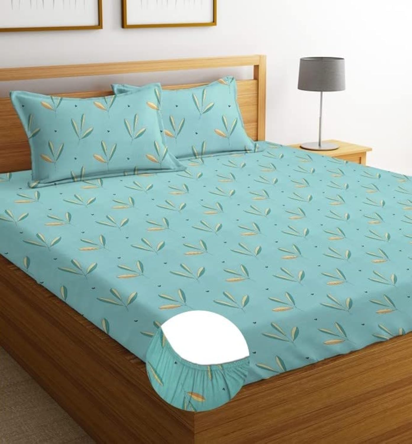 BSB Home Premium Cotton Elastic Fitted Floral Bedsheets with 2 King Size Pillow Covers | Double Bed with All Around Elastic 180 TC Supersoft | (72"x78",Aqua & Light Green)