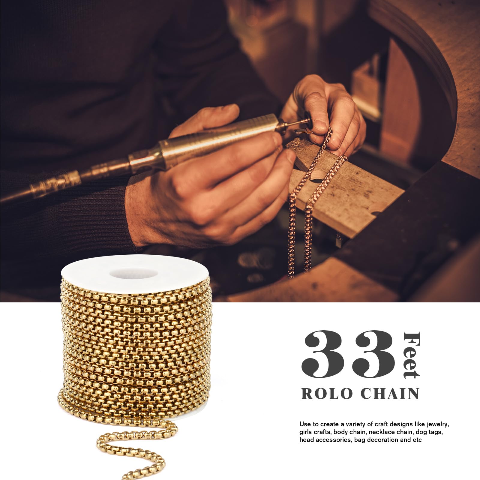 Catena rolò placcata in oro 18 K, lunghezza 9 m, rotolo di catena rolò da 3 mm in acciaio inossidabile dorato, per la creazione di gioielli