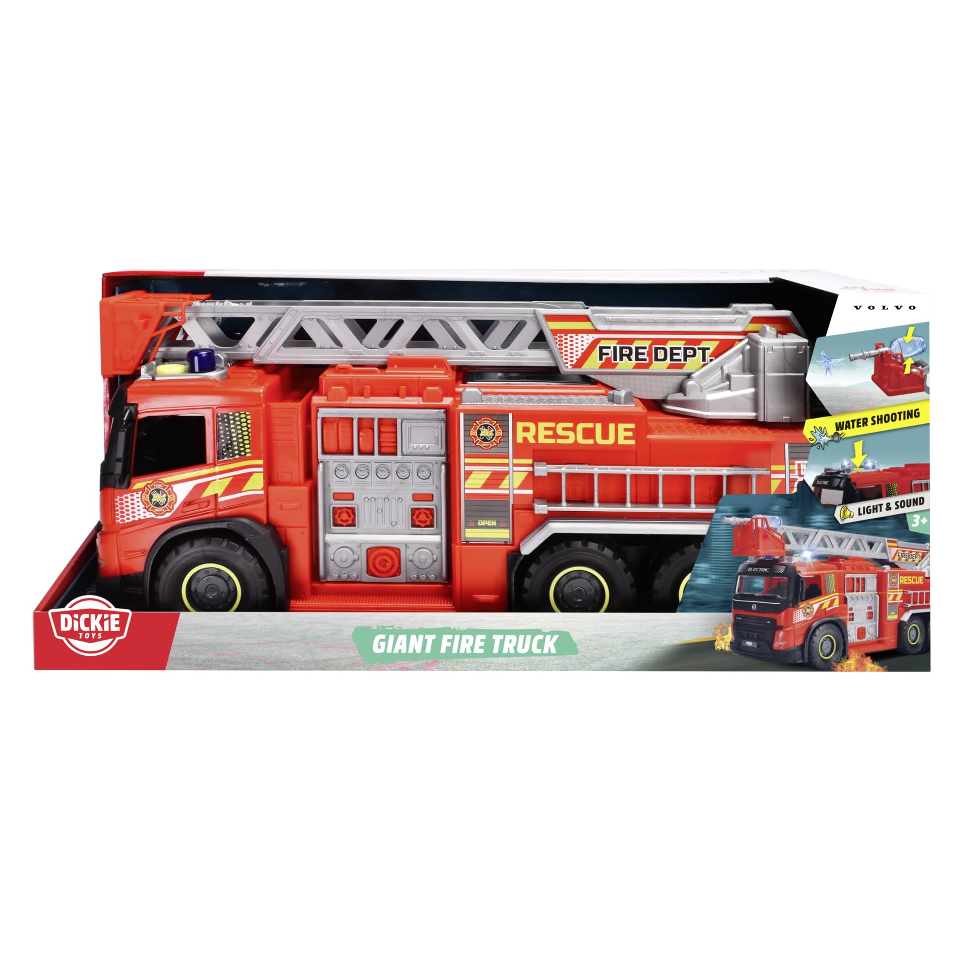 Dickie Toys – Volvo FMX Giant Fire Truck (57 cm), Grande Camion dei Pompieri con Acqua, Scala, Luci & Suoni, +3 Anni, batterie incluse, 203719031