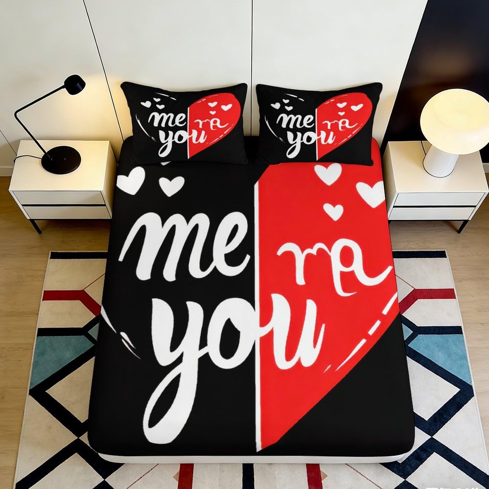 3D Printed Love Heart Fitted Sheet Microfiber Black Red Romantic Typography Bed Cover for Bedroom Guest Room Decor 90x200x25cm