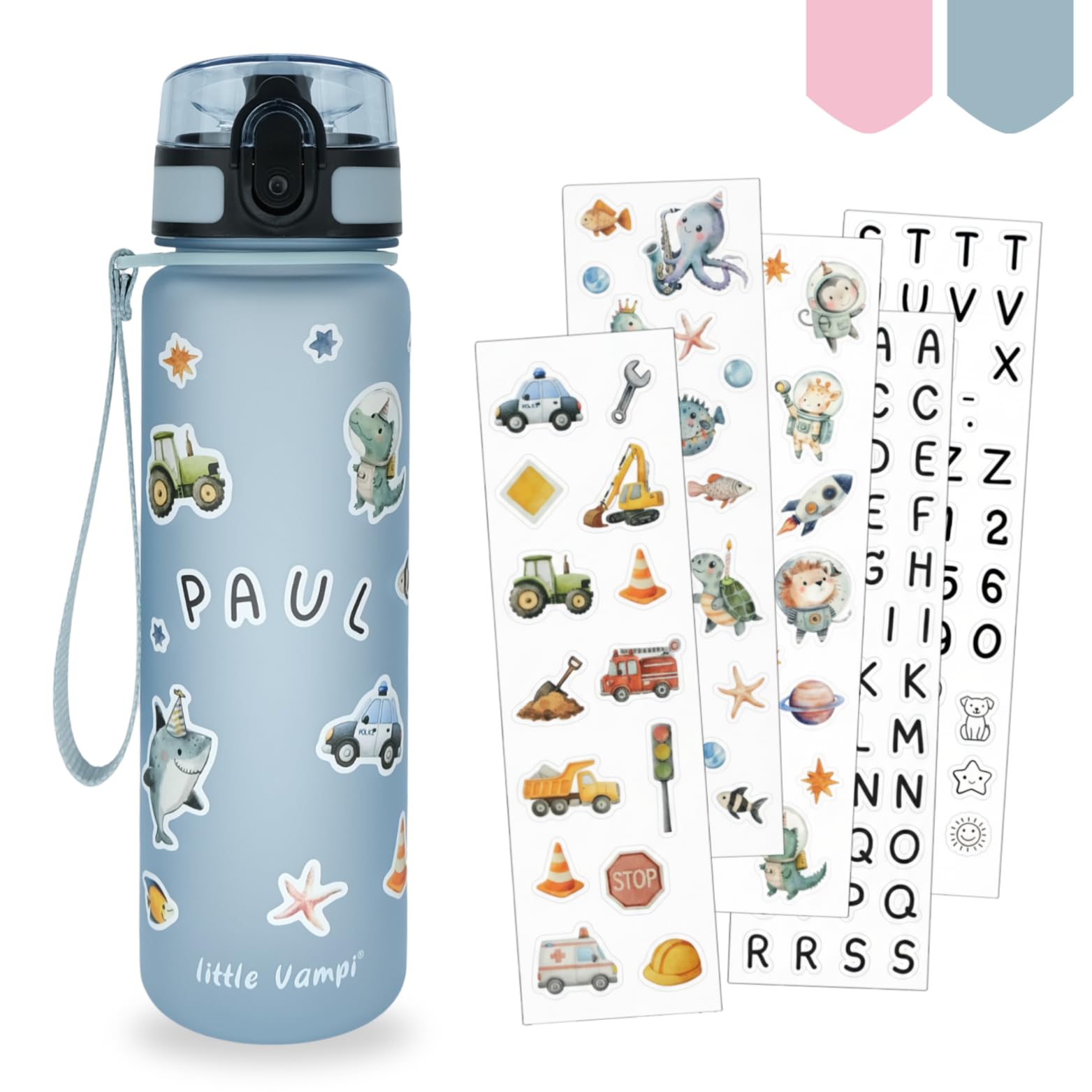 Little Vampi Trinkflasche Kinder Kohlensäure geeignet, 500ml, BPA frei, auslaufsicher und bruchfest - mit liebevoll gestalteten Stickerbögen für eine personalisierte Trinkflasche (Blau)
