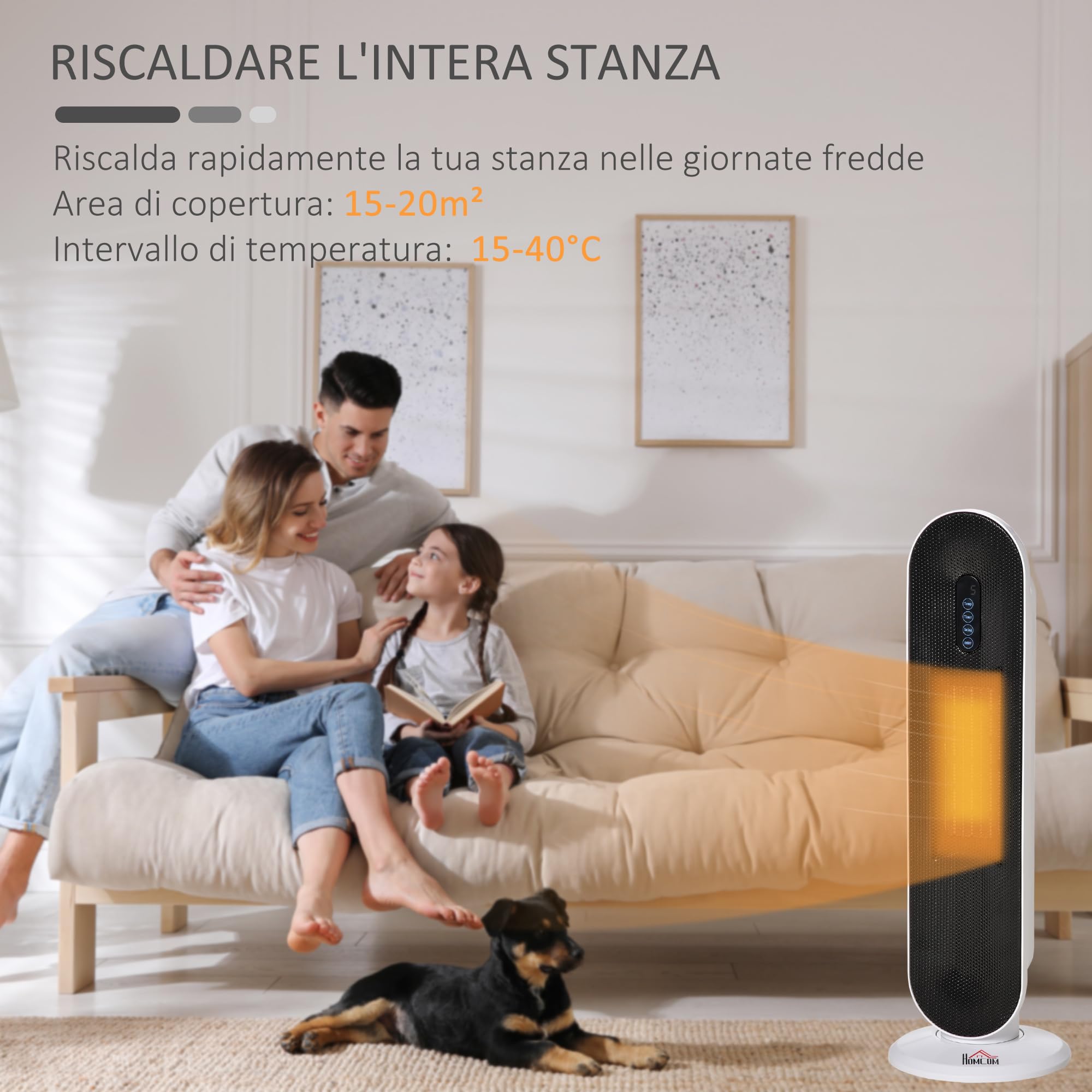 HOMCOM Stufa Elettrica Oscillante con Timer 21x21x63.5 cm Bianco e Nero | Con Telecomando, 2 Modalità, Stufetta Elettrica Basso Consumo in PTC, Protezione da Surriscaldamento e Antiribaltamento