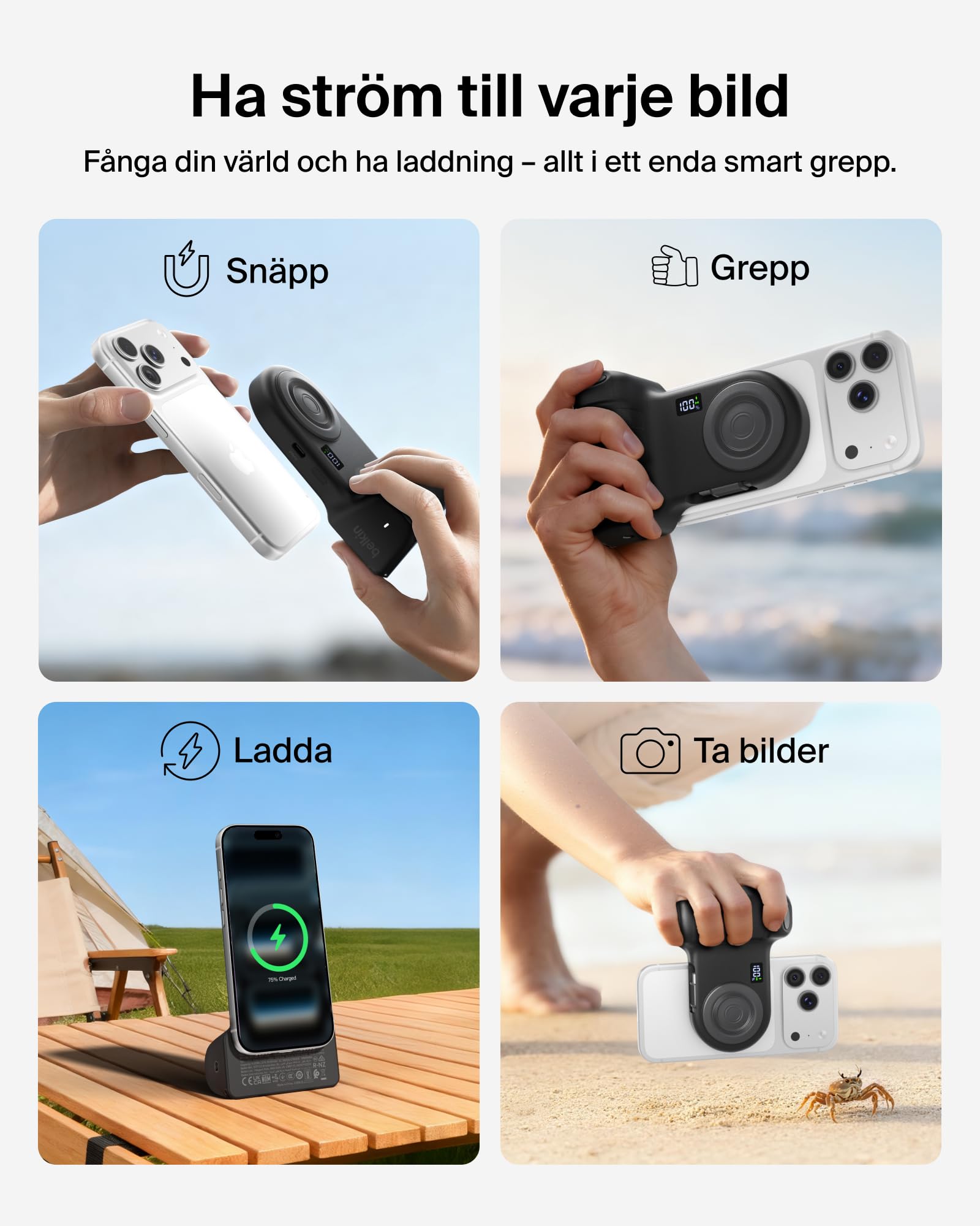 Belkin Stage PowerGrip Magnetyczny Uchwyt do Aparatu, 9300 mAh – Czarny | Powerbank Bezprzewodowy 9300 mAh, 15 W, Port USB-C, Kabel w Zestawie, Przycisk Migawki Bluetooth, Podstawka, Naładowany