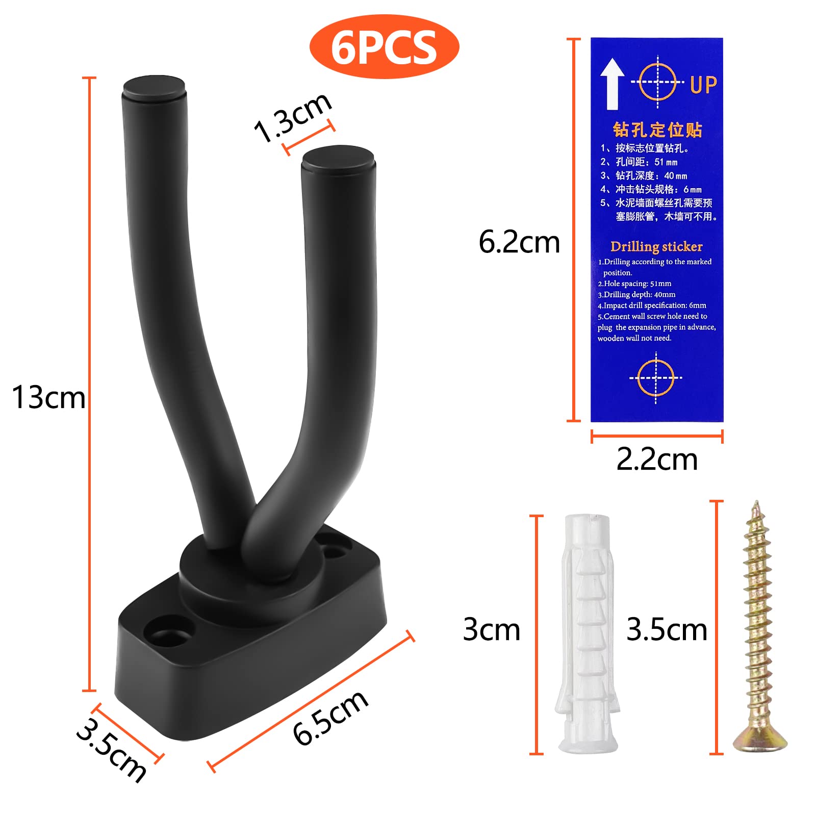 Fousenuk 6 sztuki Hak Gitarowy Czarny 13×6.5×3.5cm