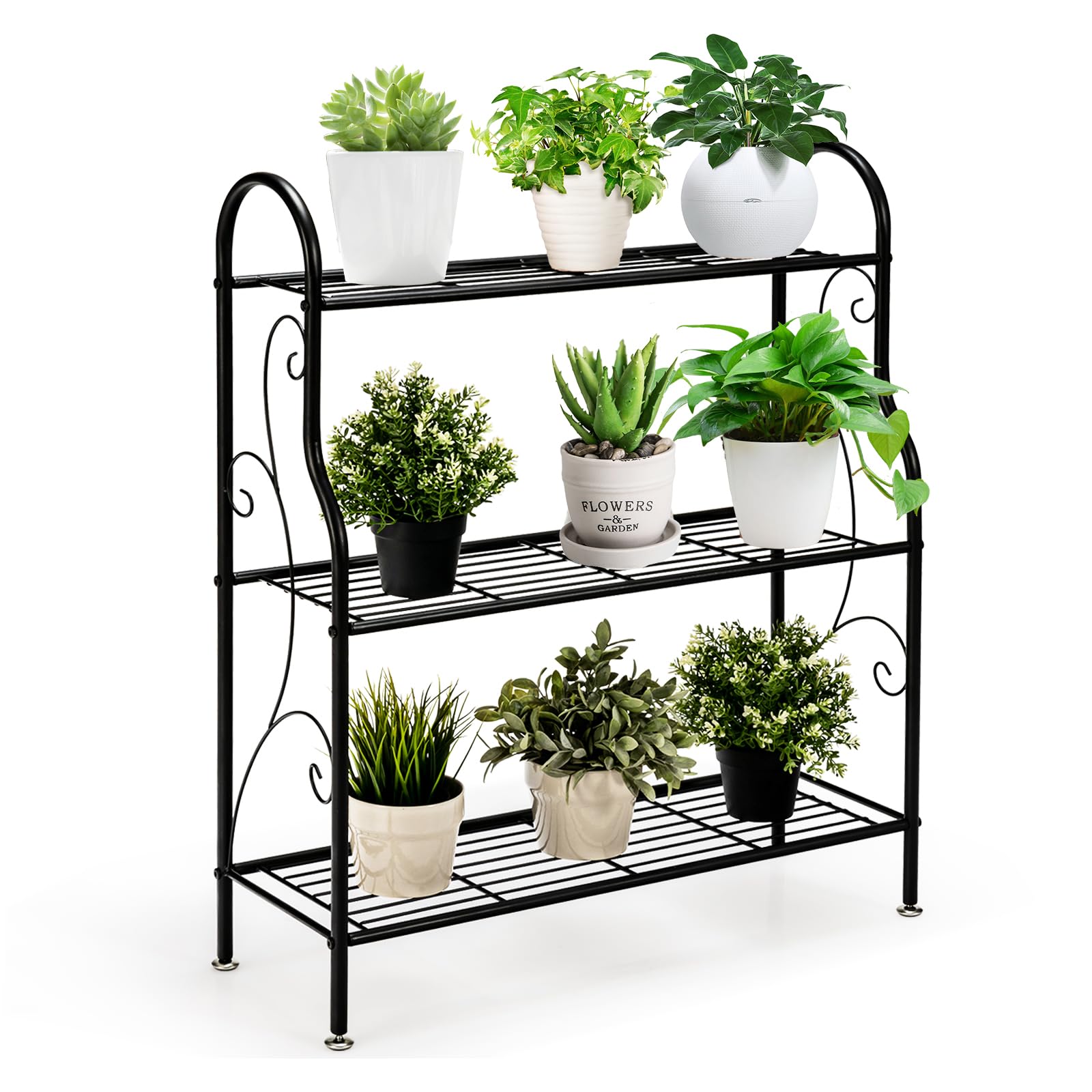GOPLUS 3 Niveaux Support pour Plantes en Métal, Étagères Ouvertes et Pieds Réglables, Étagère en Fer Imperméable pour Utilisation Intérieure et Extérieure, Noir