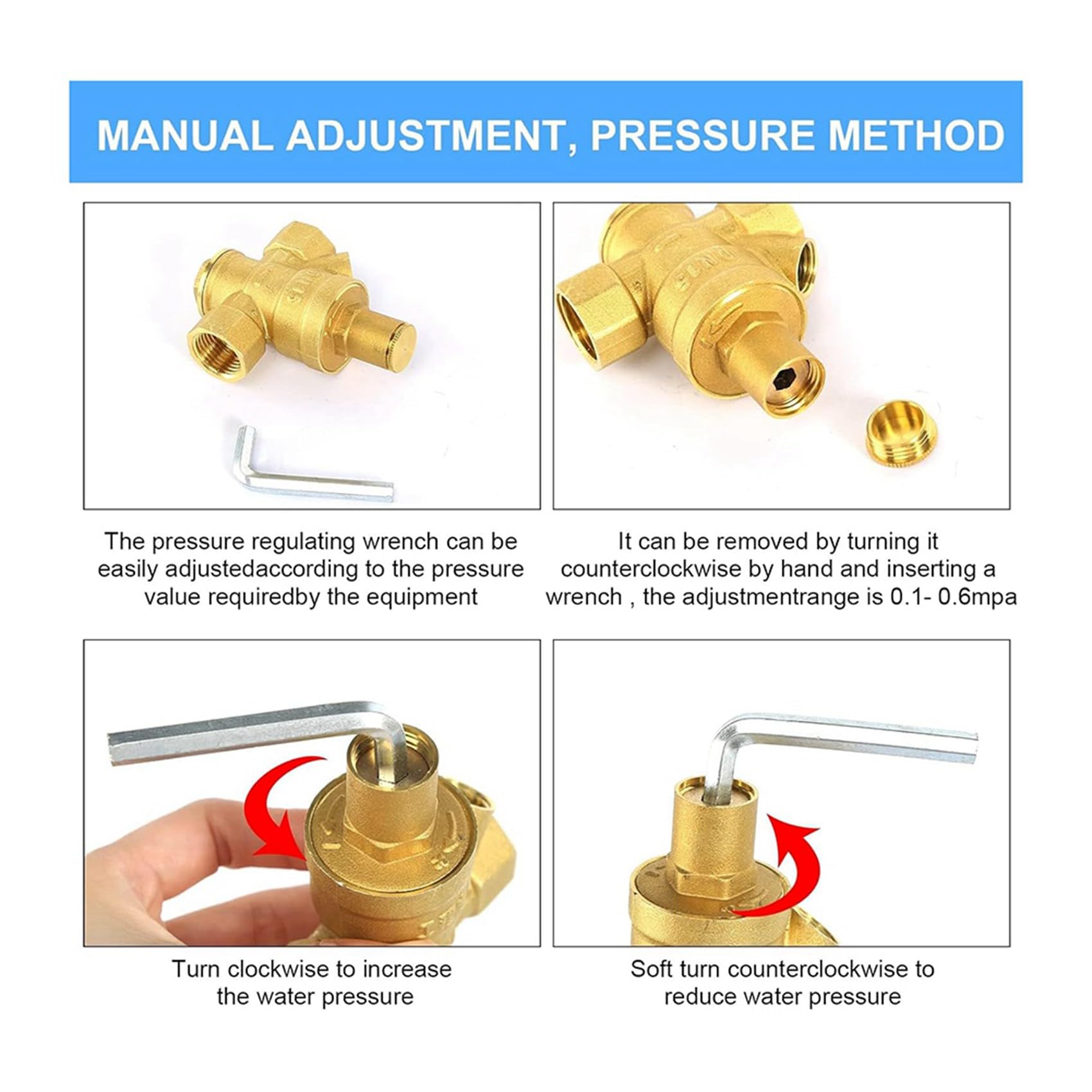 4 x regulator ciśnienia wody 1/2 z manometrem, twardość mosiądzu, regulowany zawór redukcyjny ciśnienia wody