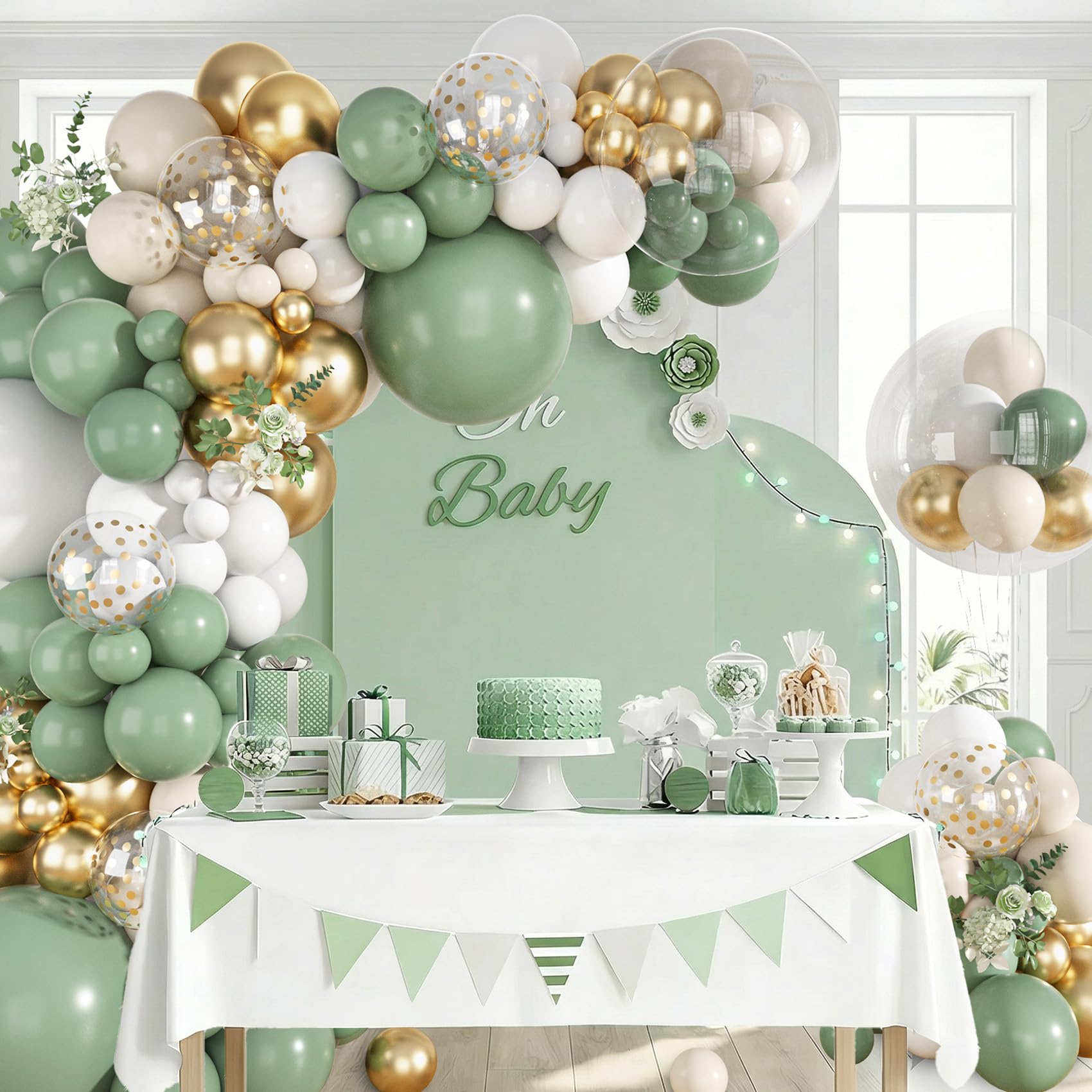 Ouddy Life Luftballons mit Bogengirlande, Salbeigrün, Weißgold, 152 Stück, Sand, Weiß, Metallic, Gold, klarer Ballon für Geburtstag, Hochzeit, Babyparty, Geschlechtsoffenbarung, Verlobung, St
