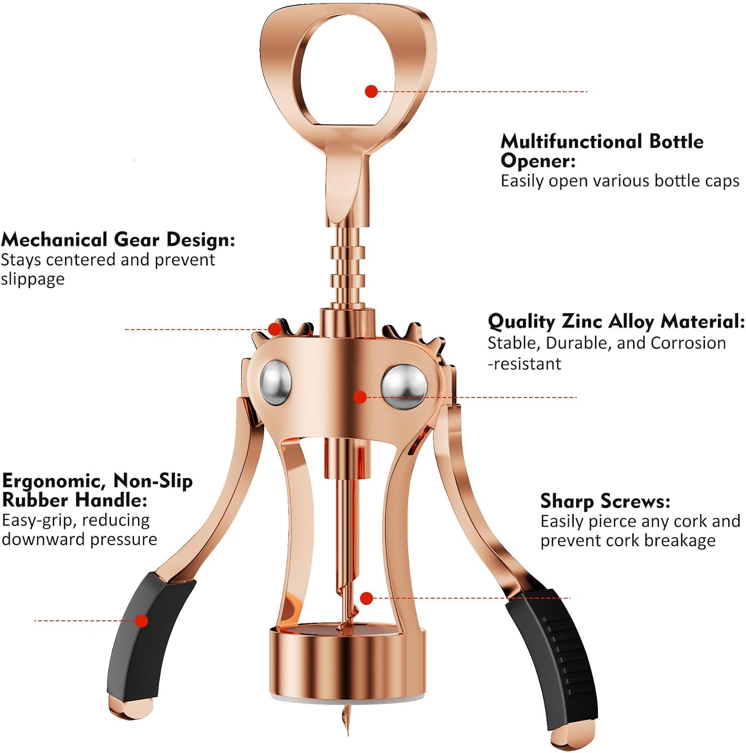 KORCCI Wine Opener, Heavy-Duty Zinc Alloy Wing Corkscrew, Premium Beer Bottle Opener, Multifunctional Wine Accessories with Ergonomic Handle and Sharp Screw, for Kitchen, Bar, Restaurant (Rose Gold)