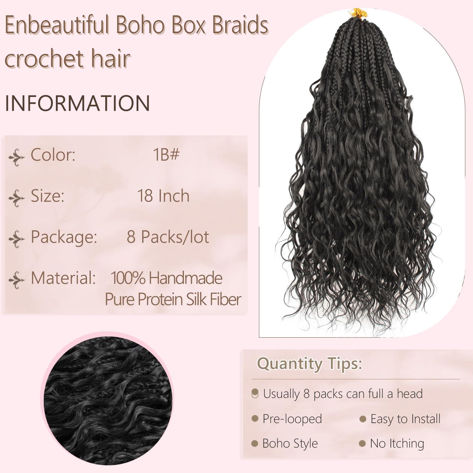 Enbeautiful Boho Box Braids Crochet Hair 18 Inch Pure Protein Fiber Goddess Box Braids Close to Human Hair 8 Packs Pre-Looped Bohemian Braiding with Curly Hair Extensions for Women(18 Inch,1B)