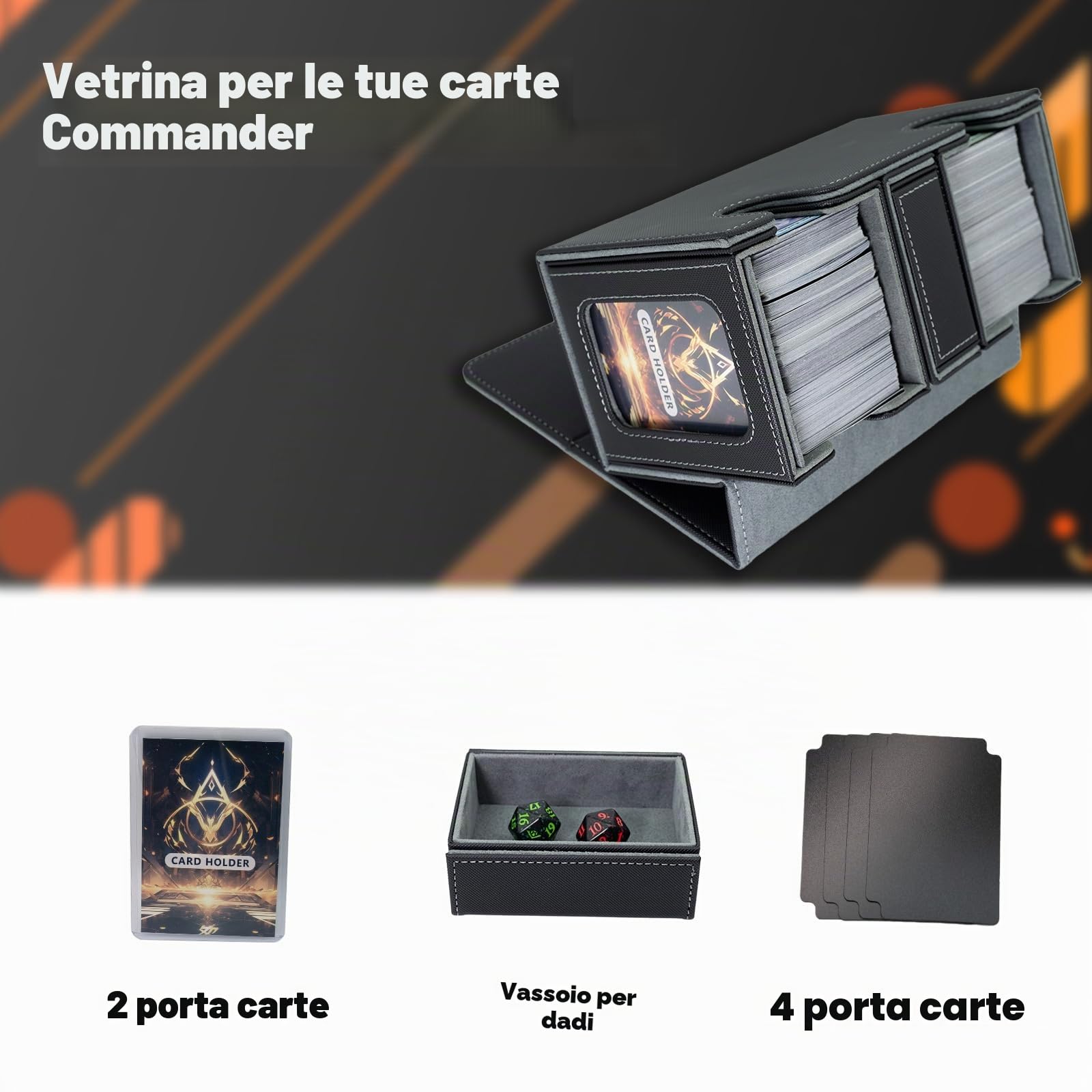 MTG Commander Deck Box Spazio per 200+ carte, scatola 3 in 1 con finestra, organizer magnetico per carte di credito, 4 divisori
