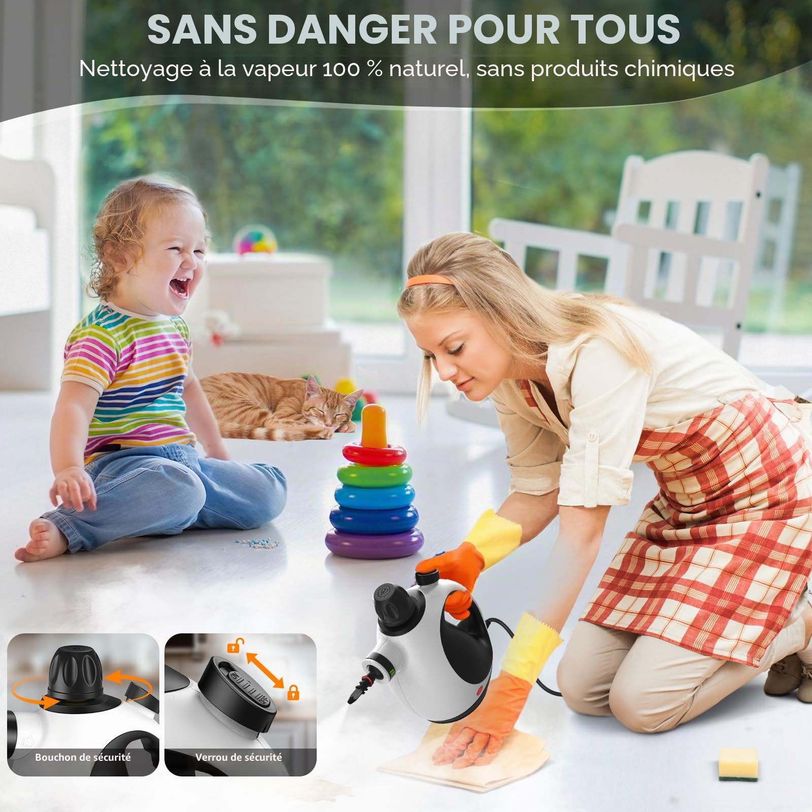 Nettoyeur Vapeur Portable, Nettoyeur à Vapeur Portatif Polyvalent avec Verrouillage de Sécurité et 14 Accessoires pour la Salle de Bain, les Fenêtres la Cuisine(Noir&Blanc)