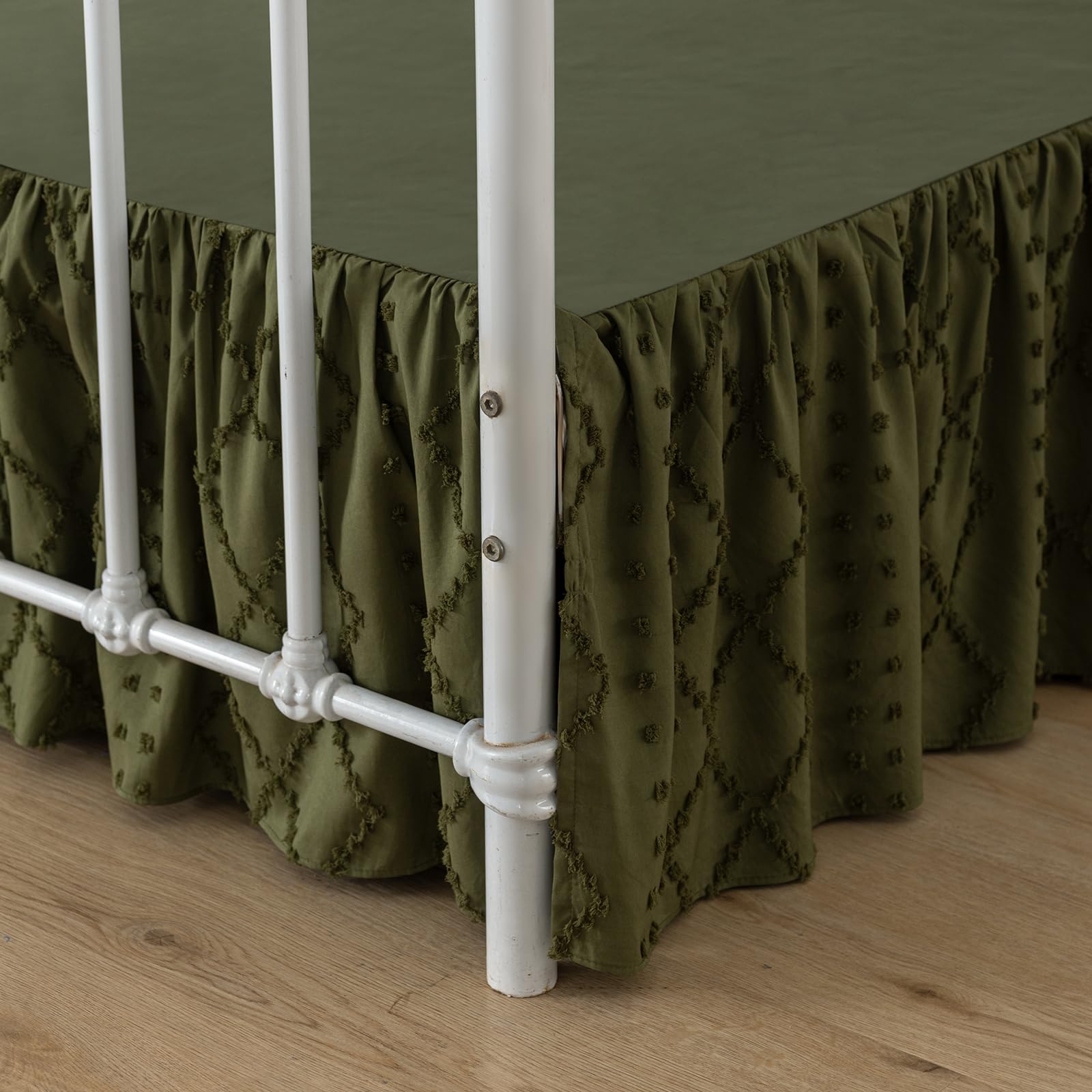 Bed Skirt Queen Size Ruffled Bed Skirt with Split Corners, 16 Inch Drop Dust Ruffle Bed Skirts with Platform, Boho Tufted Shabby Chic Queen Size Bed Skirts, Olive Green — image 1