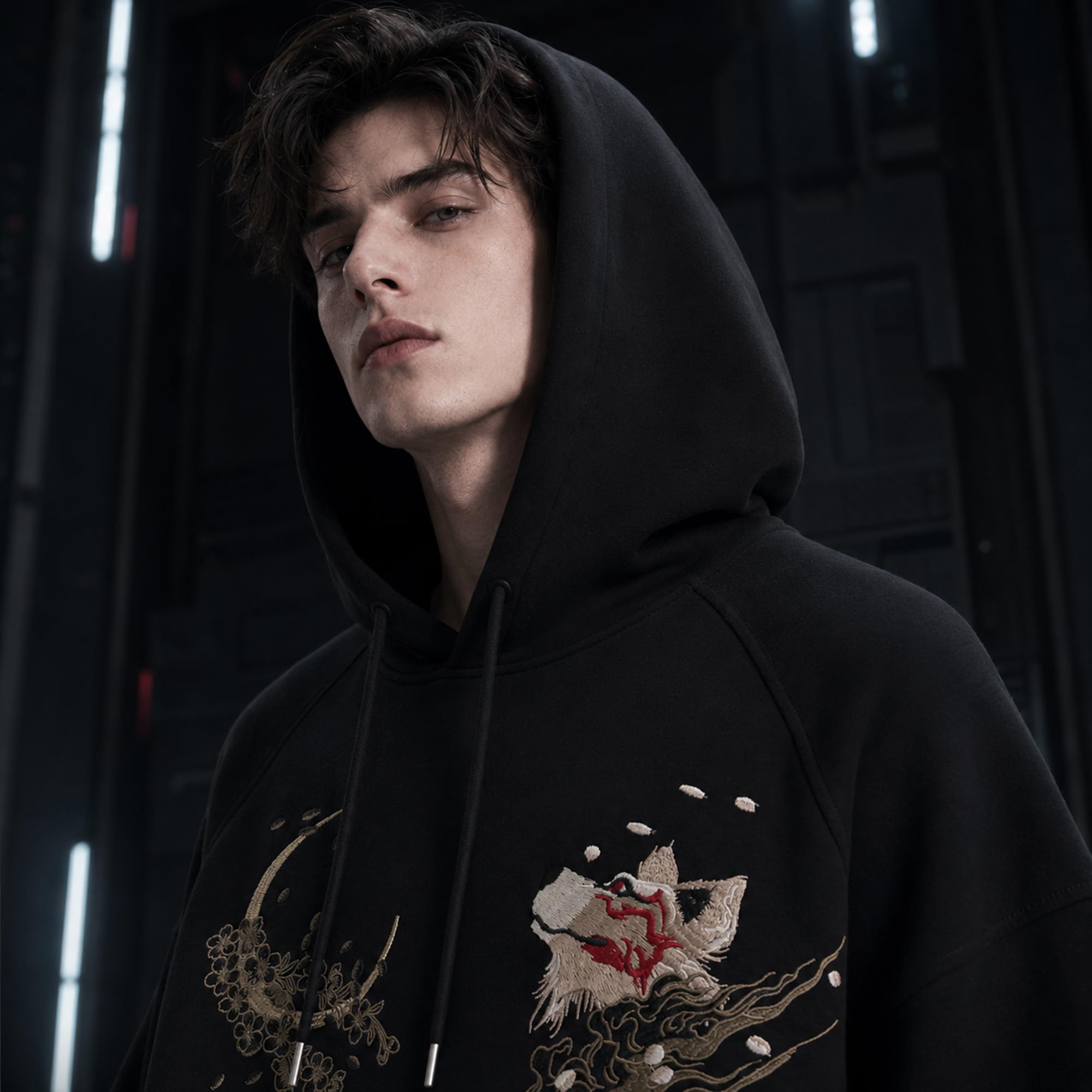 Herren-Kapuzenpullover mit neun Schwanz-Fuchsen, bestickt, japanischer Anime-Hoodie, Streetwear, schwarzer Kapuzenpullover, Herrenmode, lässiger Kapuzenpullover